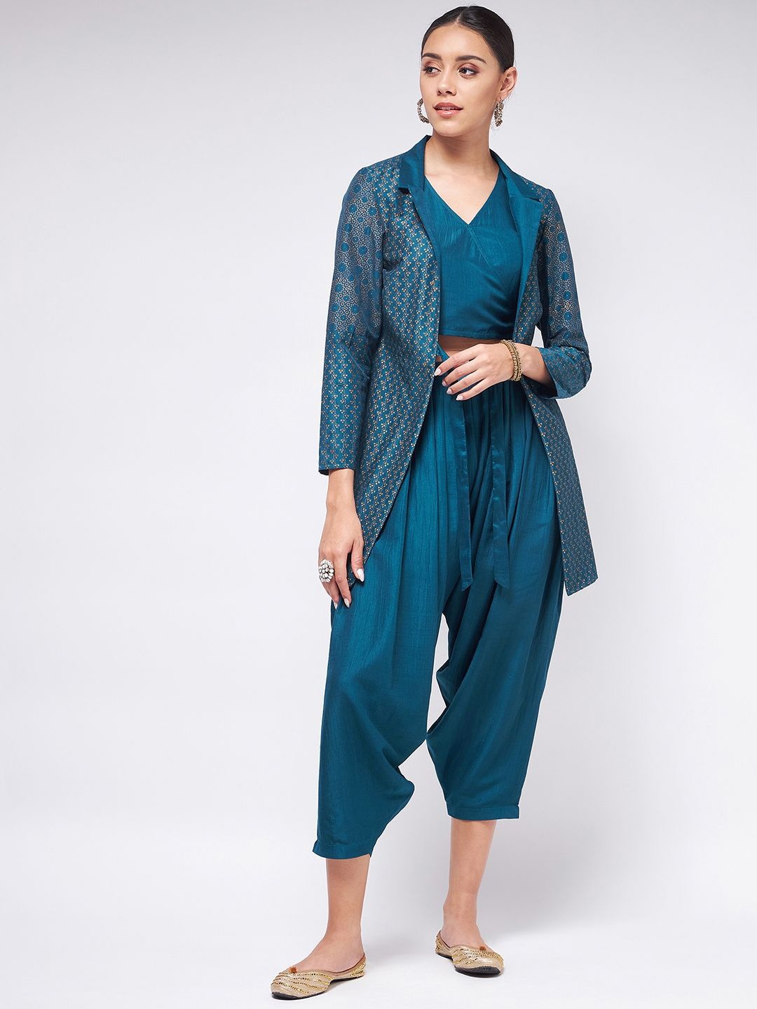 

Pannkh V-Neck Top & Dhoti Pants With Jacket, Blue