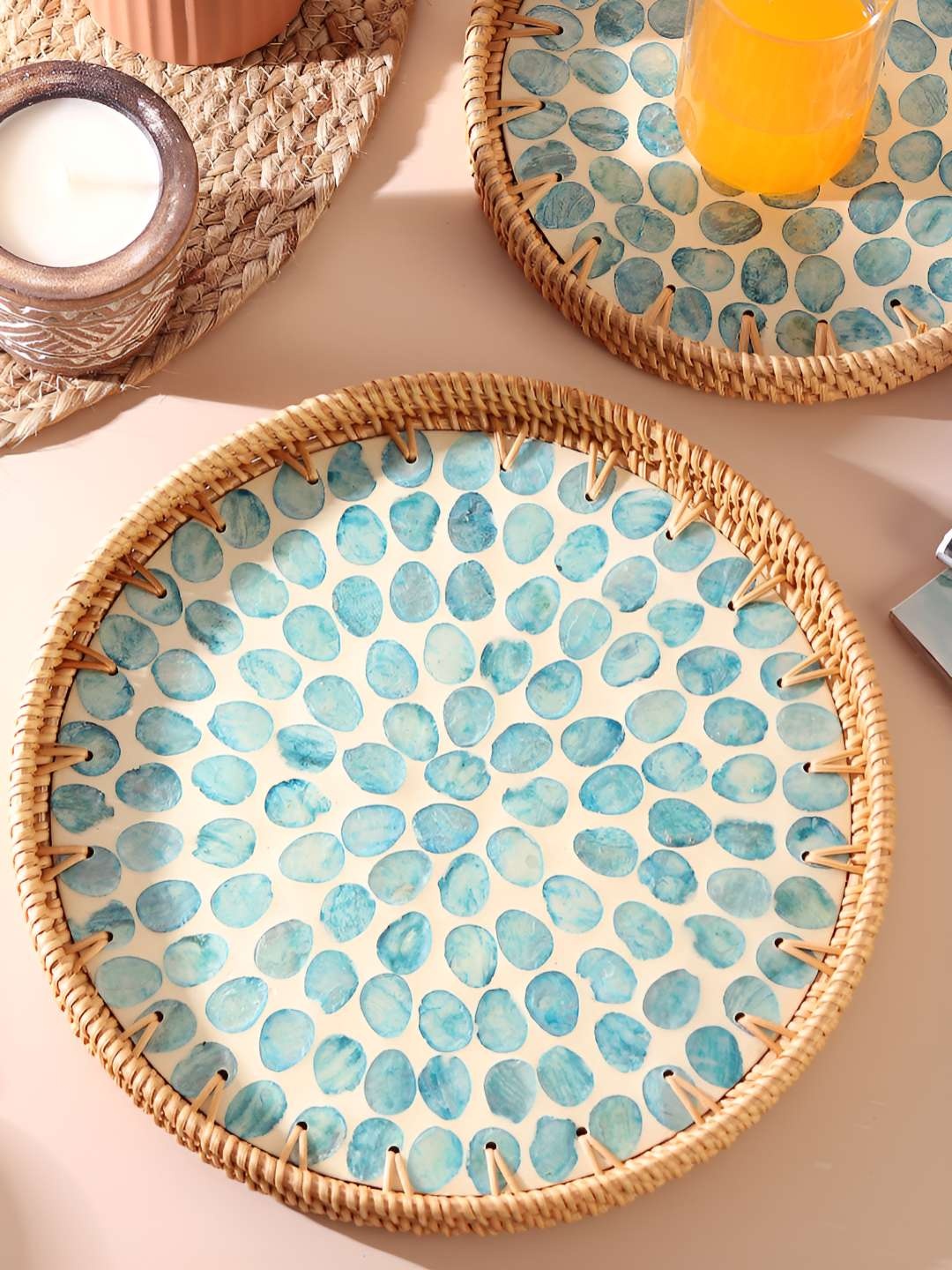 

HABERE INDIA Blue & White Bamboo Serving Tray