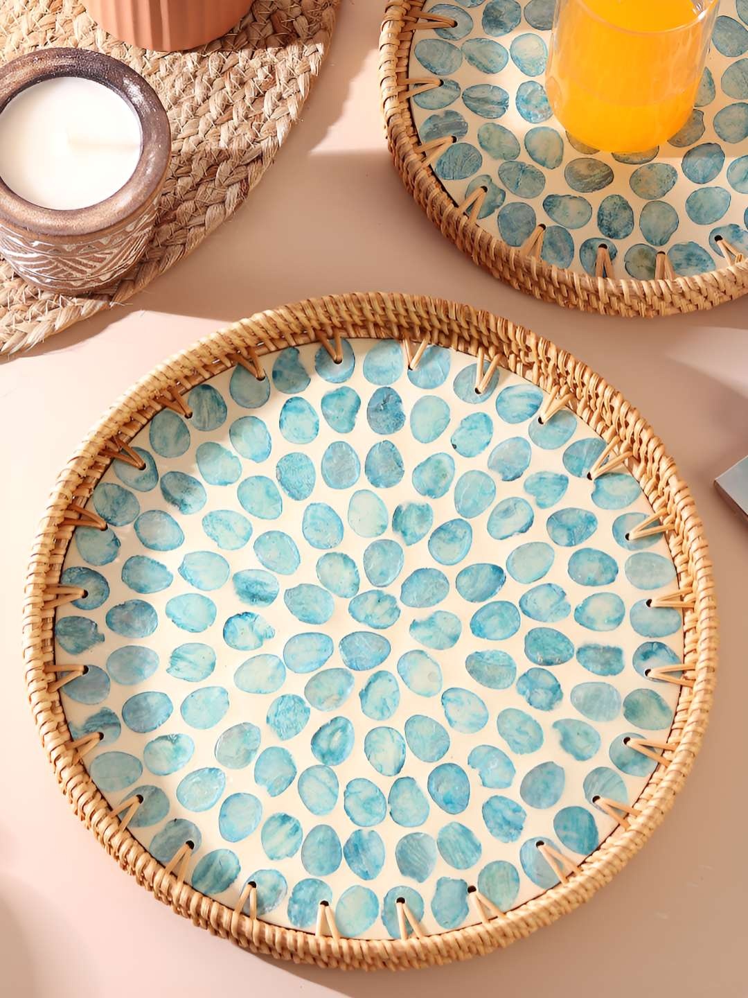

HABERE INDIA Blue & White Bamboo Round Shaped Serving Tray