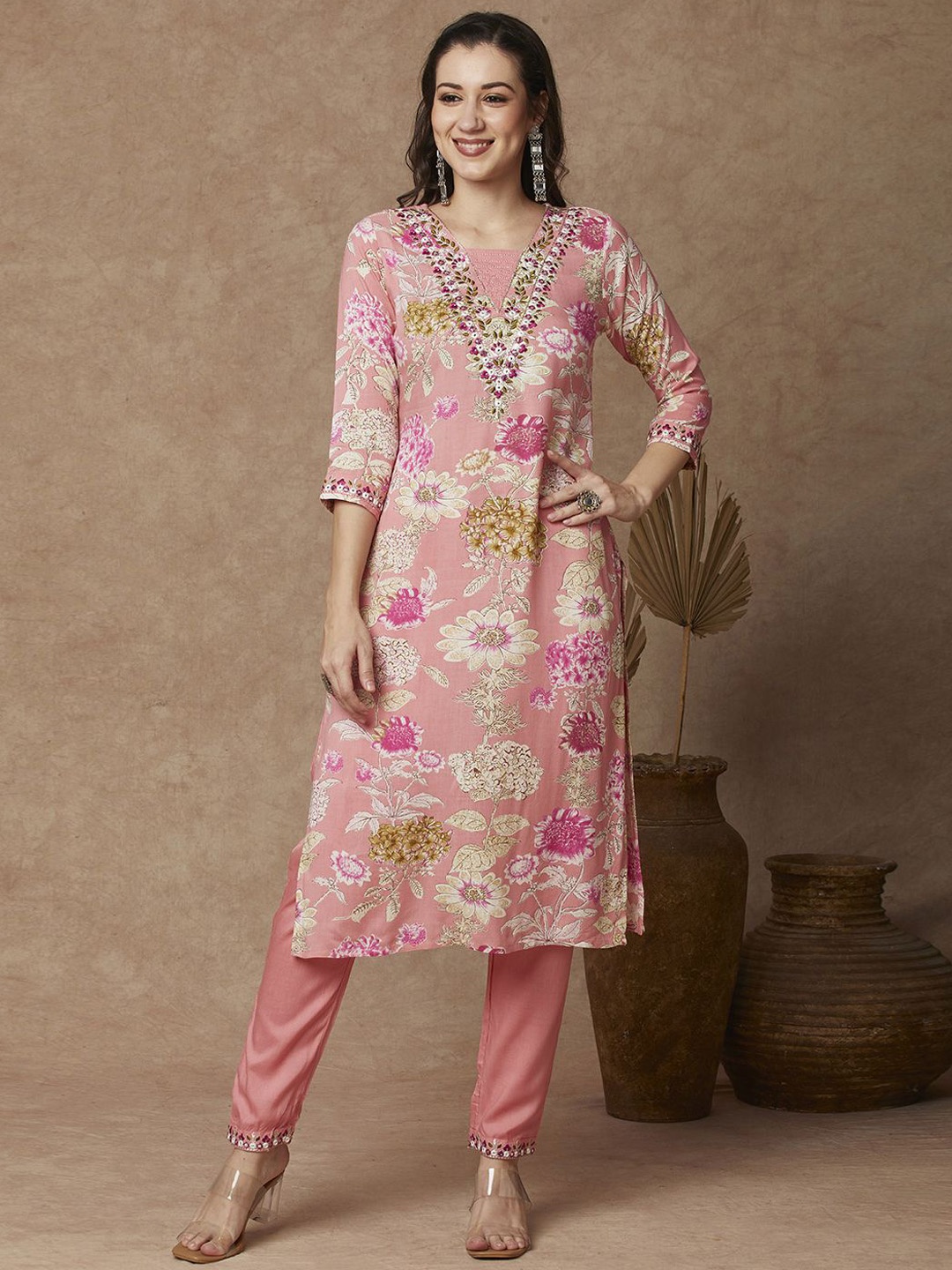 

FASHOR Floral Printed Mirror Work V-Neck Straight Kurta With Trouser, Pink