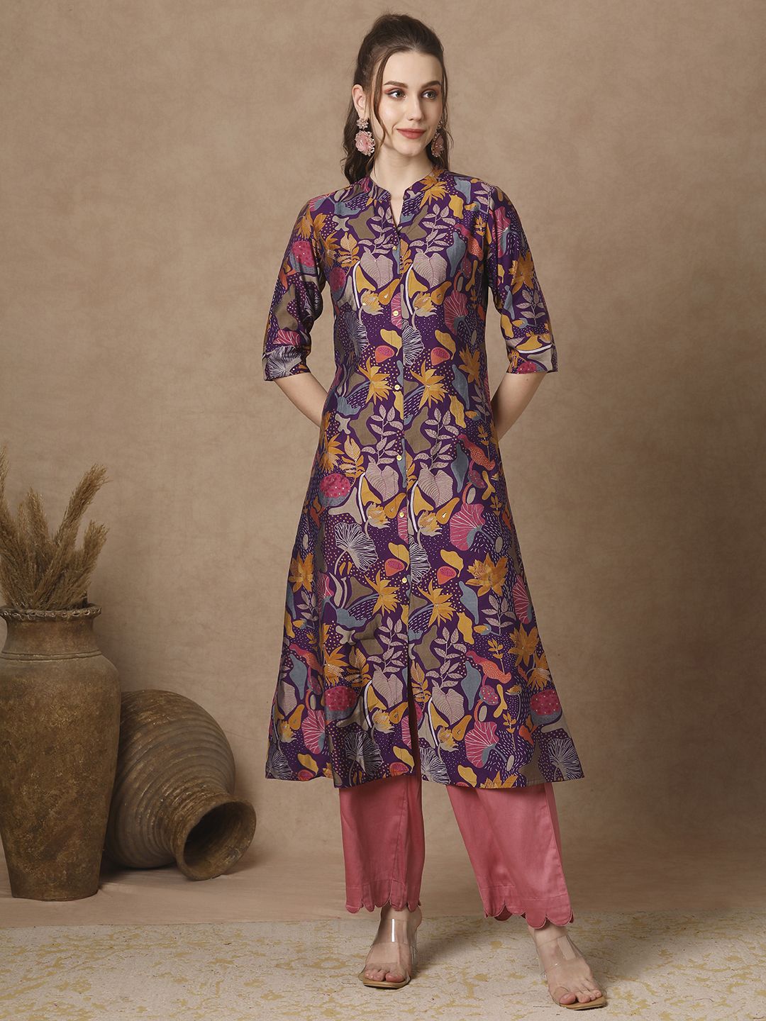 

FASHOR Abstract Printed Mandarin Collar Silk A-Line Kurta, Purple