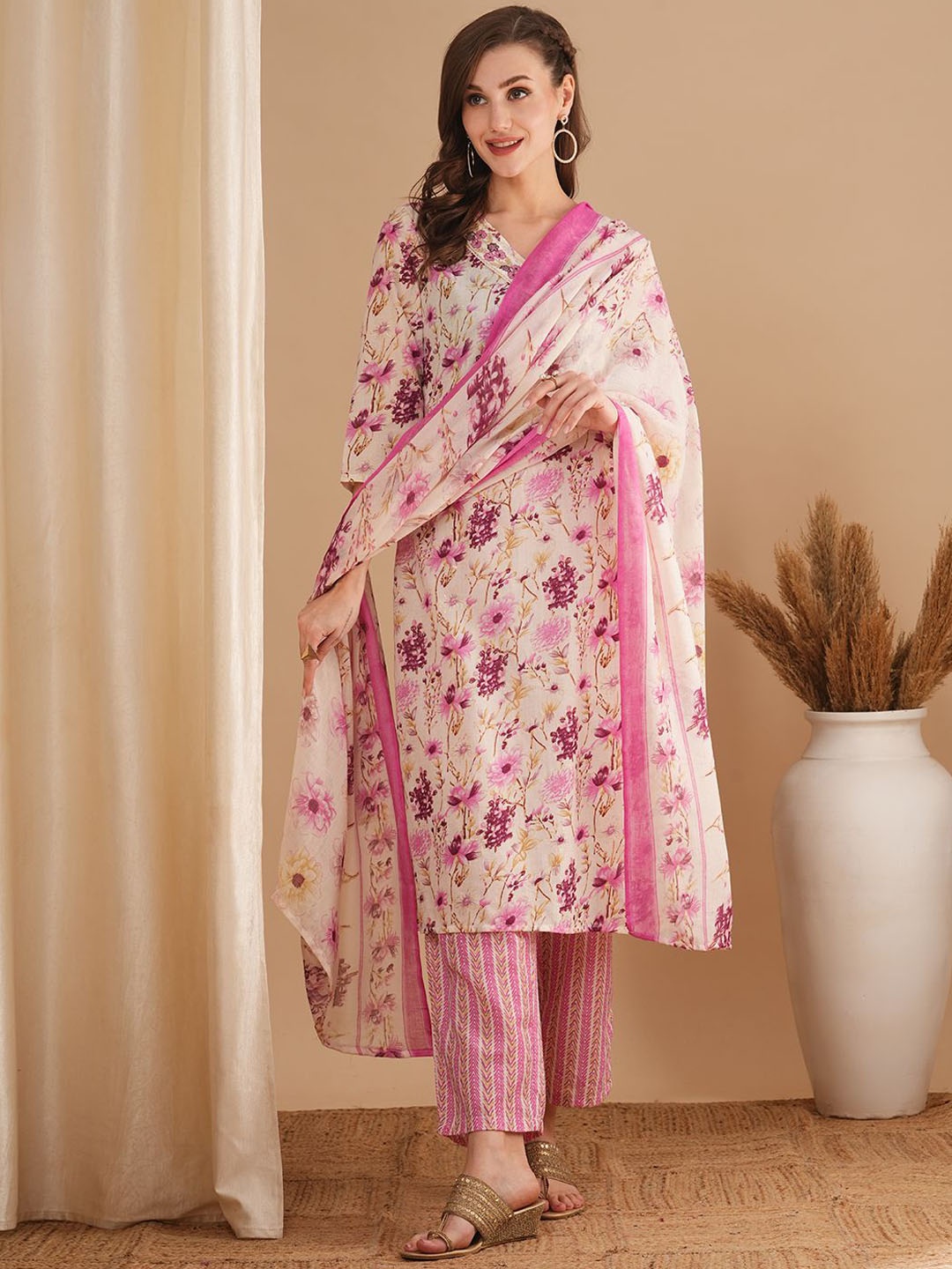 

FASHOR Floral Printed Thread Work Pure Cotton Straight Kurta With Trousers & Dupatta, Pink