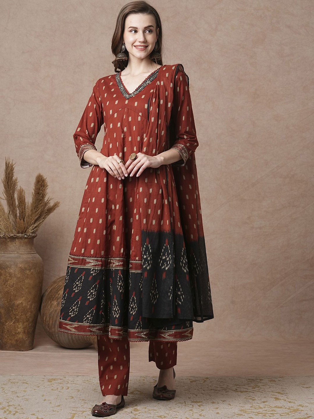 

FASHOR Ethnic Motifs Printed Panelled Pure Cotton Anarkali Kurta With Trousers & Dupatta, Rust