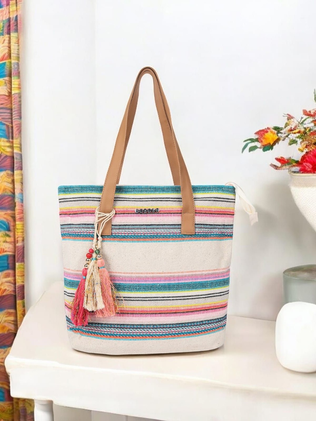 

ASTRID Women Striped Structured Shoulder Bag, Beige