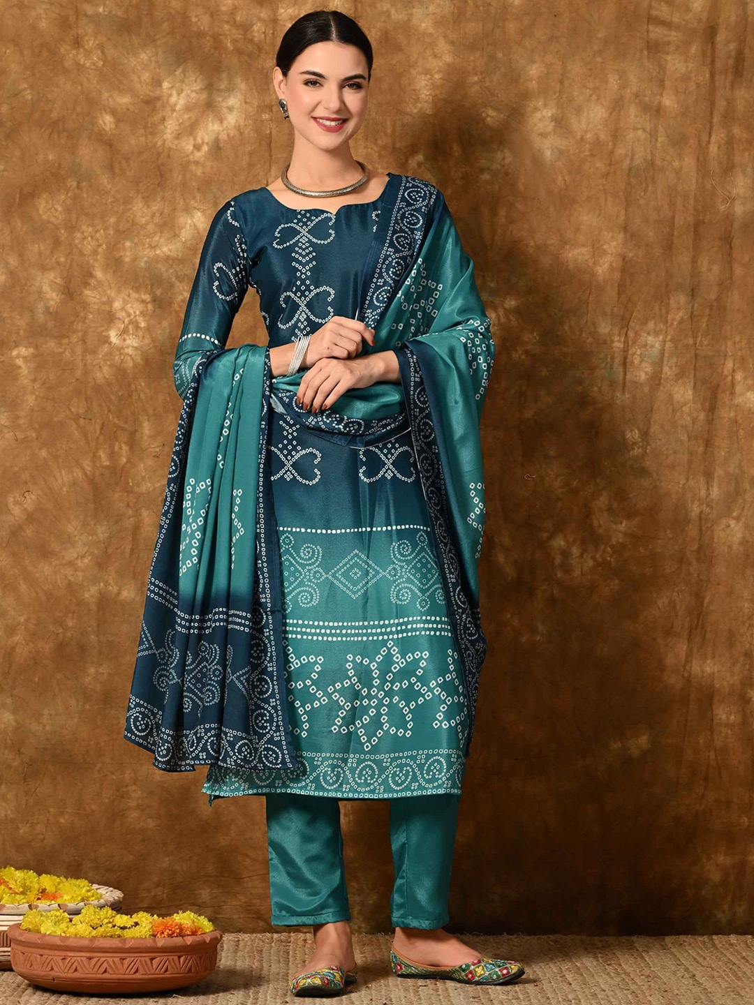 

Krimmple Bandhani Printed Straight Kurta with Trousers & Dupatta, Blue