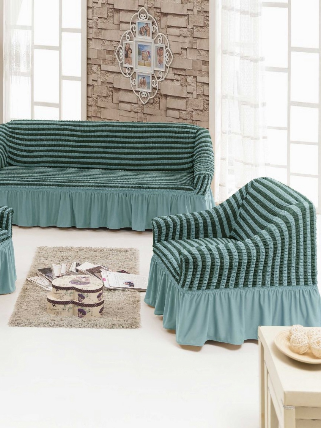 

MULTITEX Blue & Black 3 Pieces Striped Sofa Covers