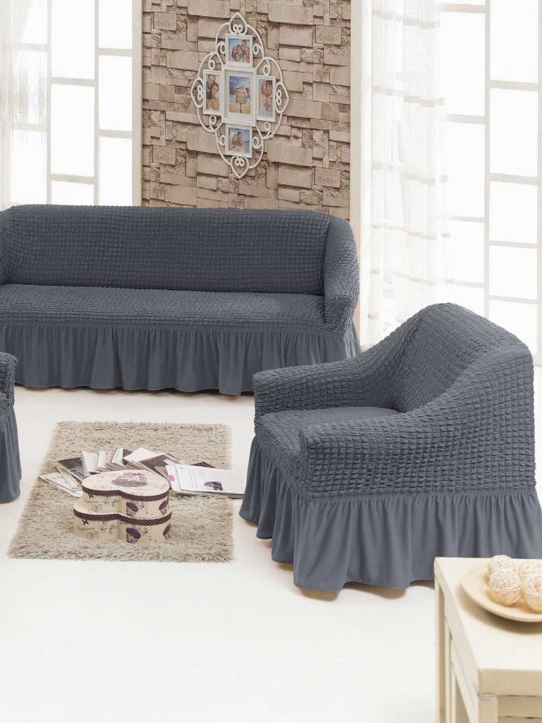 

MULTITEX Grey 3 Pieces Checked 5 Seater Sofa Cover