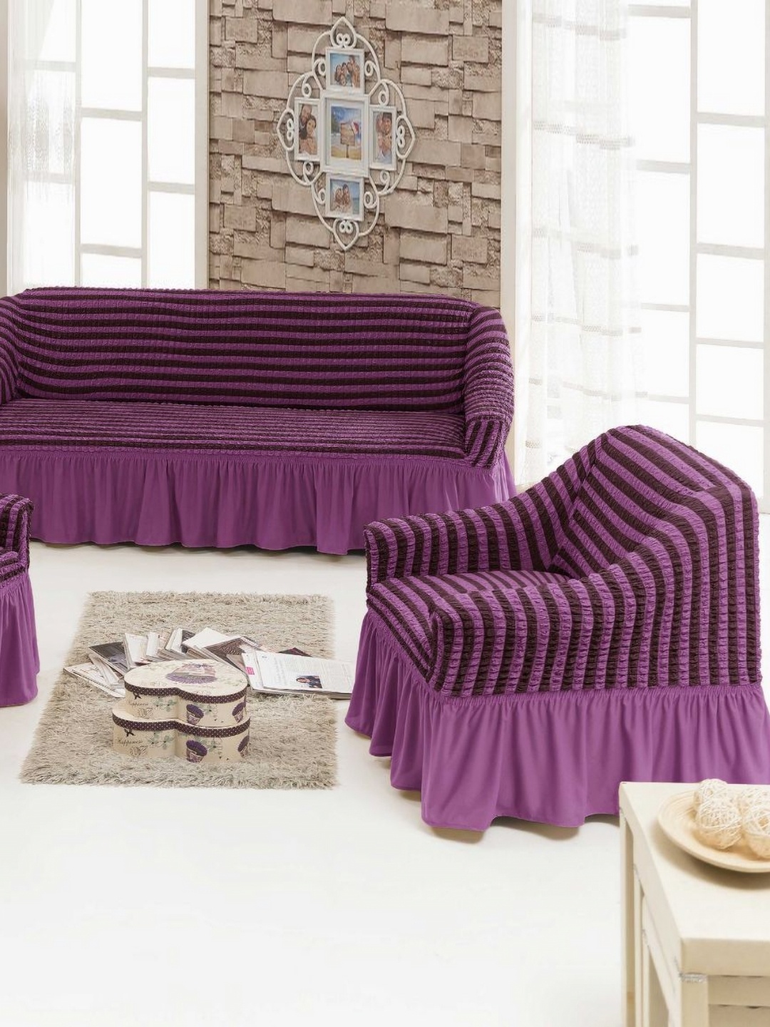 

MULTITEX Purple & Black 3 Pieces Striped Sofa Covers