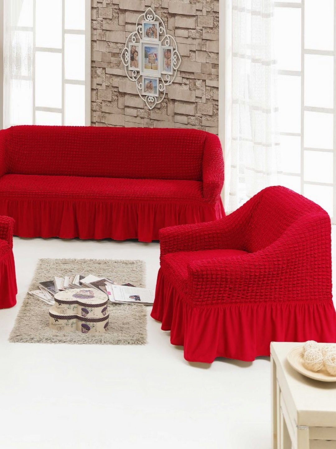 

MULTITEX Red 3 Pieces Checked Elasticated Sofa Covers