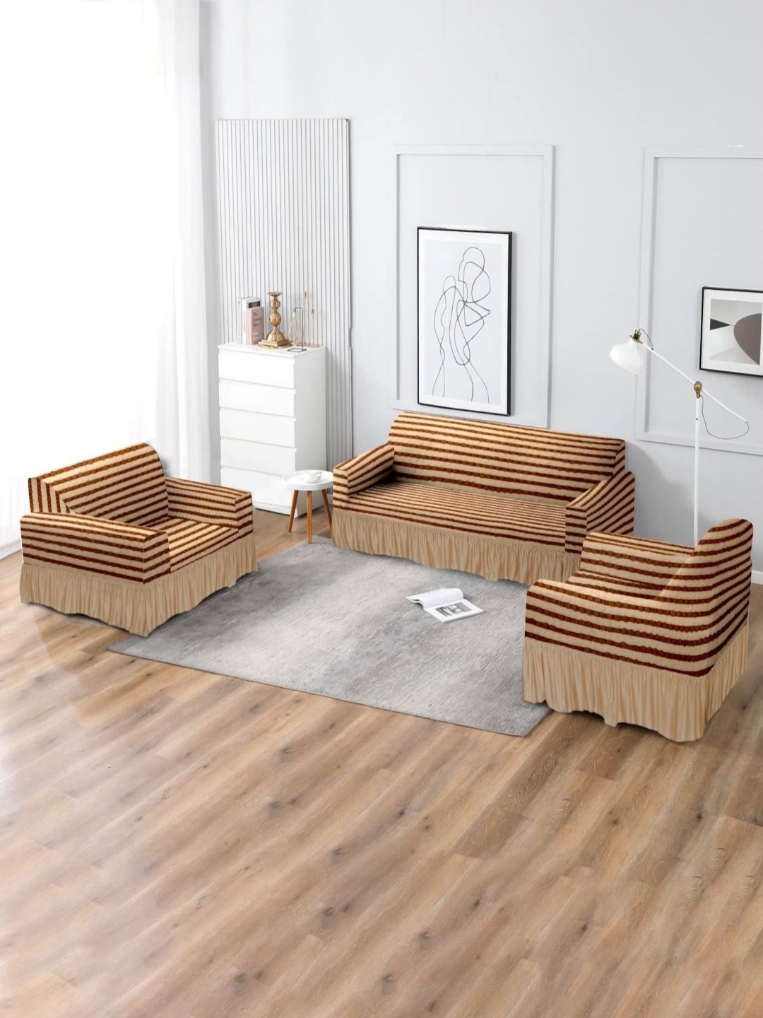 

MULTITEX Cream-Coloured & Black 3 Pieces Striped Sofa Covers