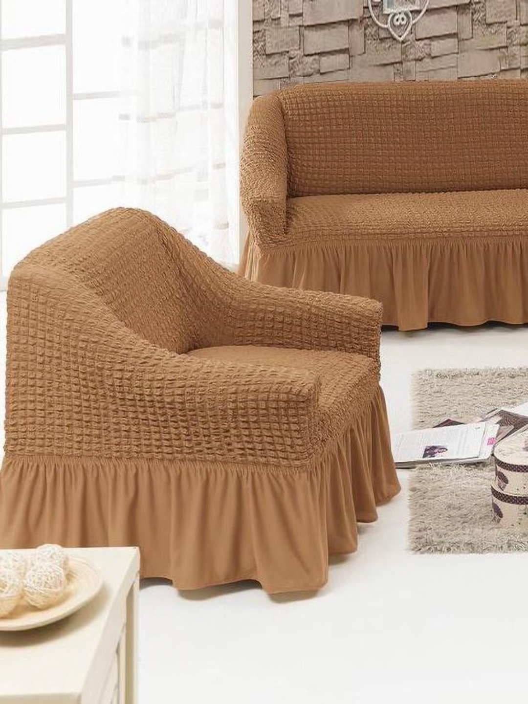 

MULTITEX Gold-Toned Checked 3 Pieces Sofa Cover