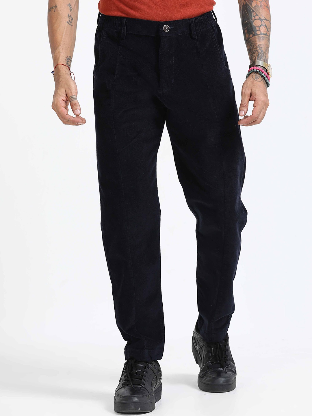 

Italian Colony Men Tailored Tapered Fit Corduroy Trousers, Black