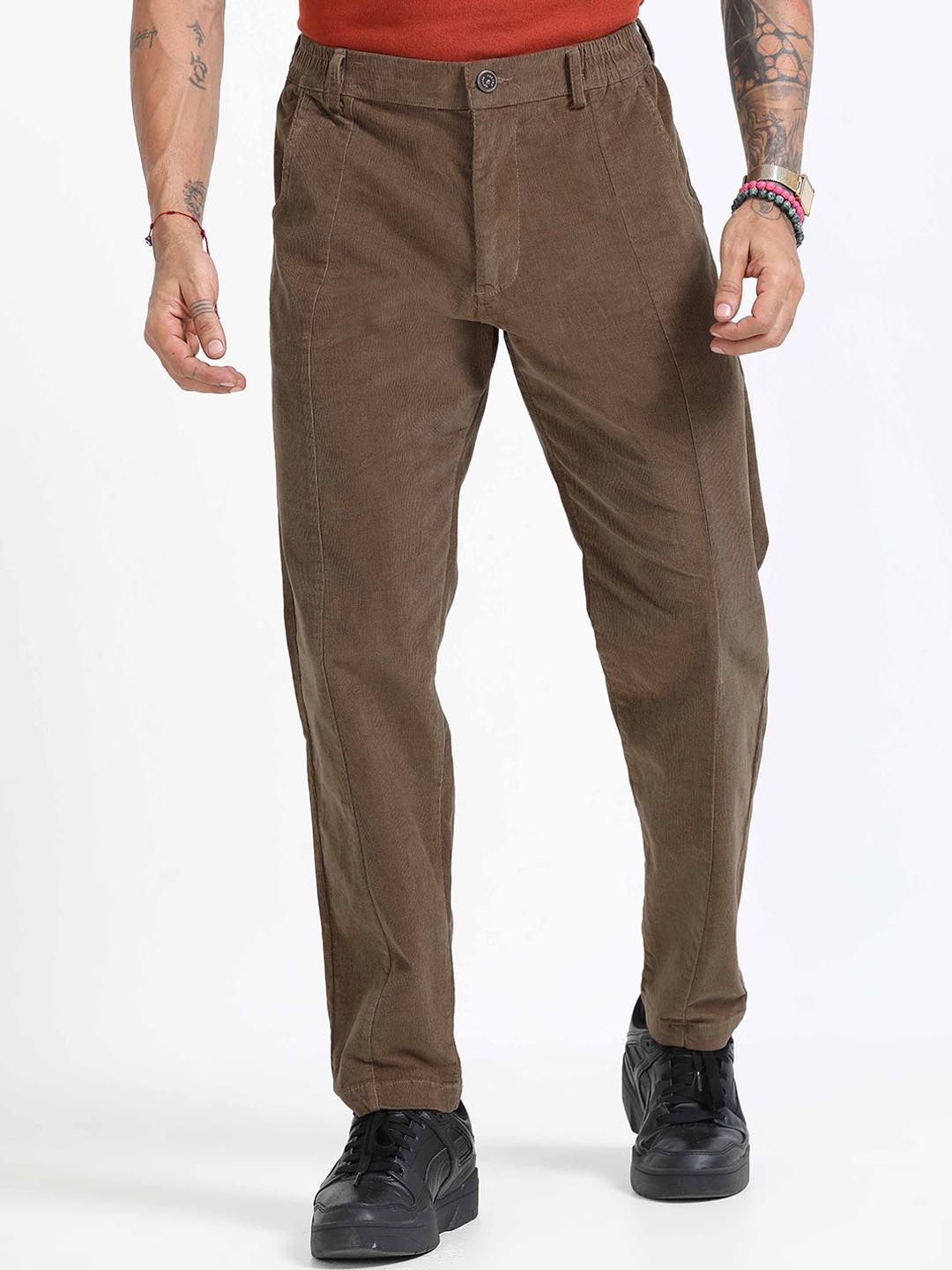

Italian Colony Men Tailored Tapered Fit Corduroy Trousers, Brown