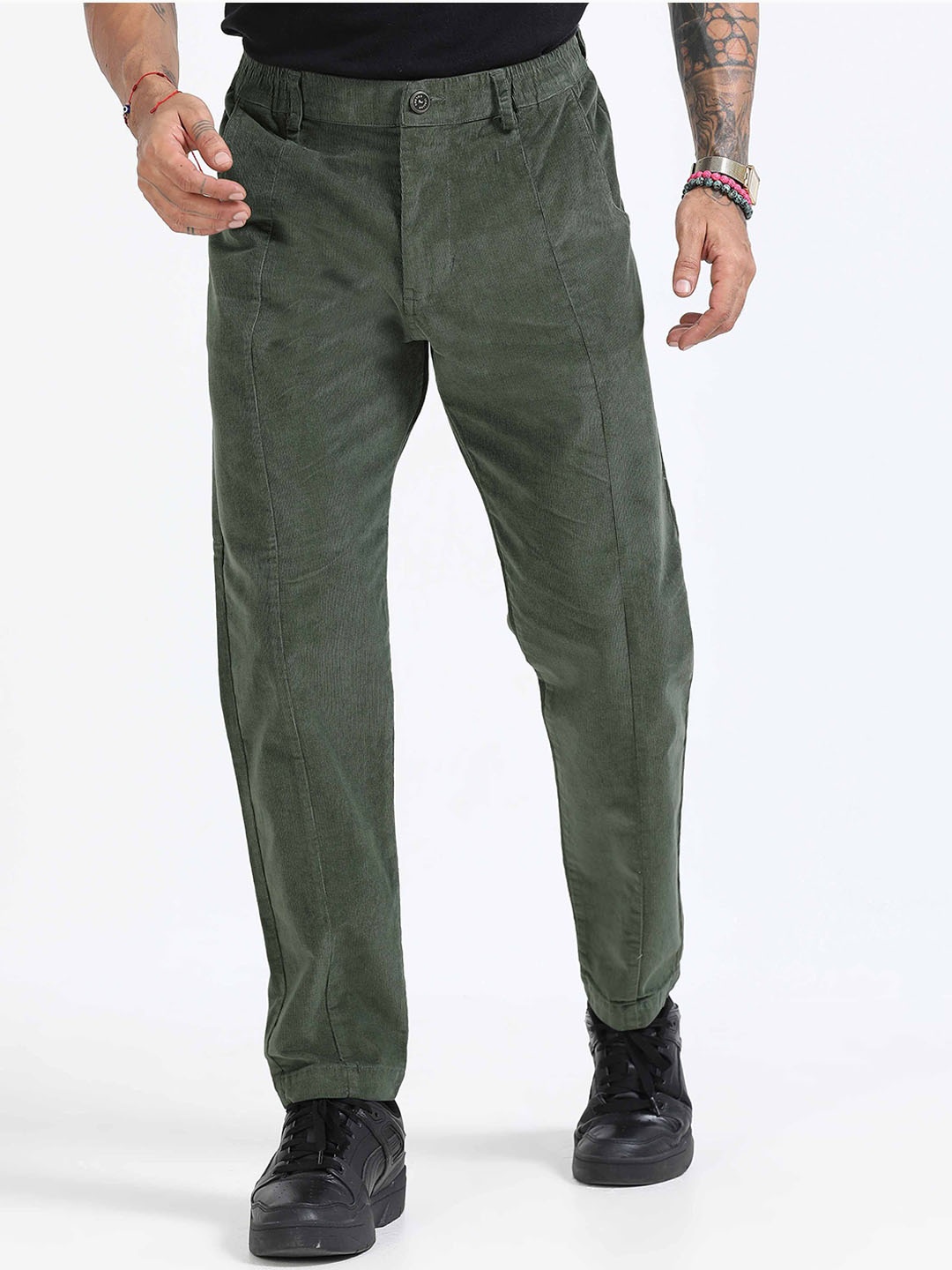 

Italian Colony Men Tailored Tapered Fit Corduroy Cargos Trousers, Olive