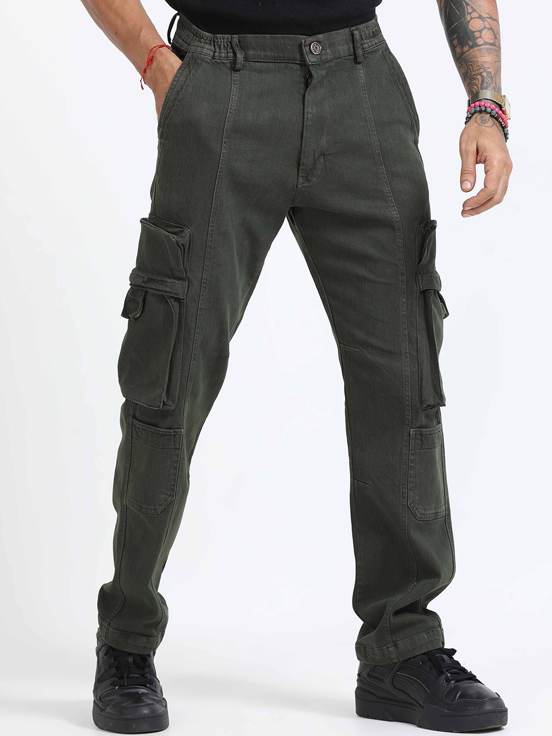 

Italian Colony Men Relaxed Straight Leg Straight Fit Cargos Trousers, Olive