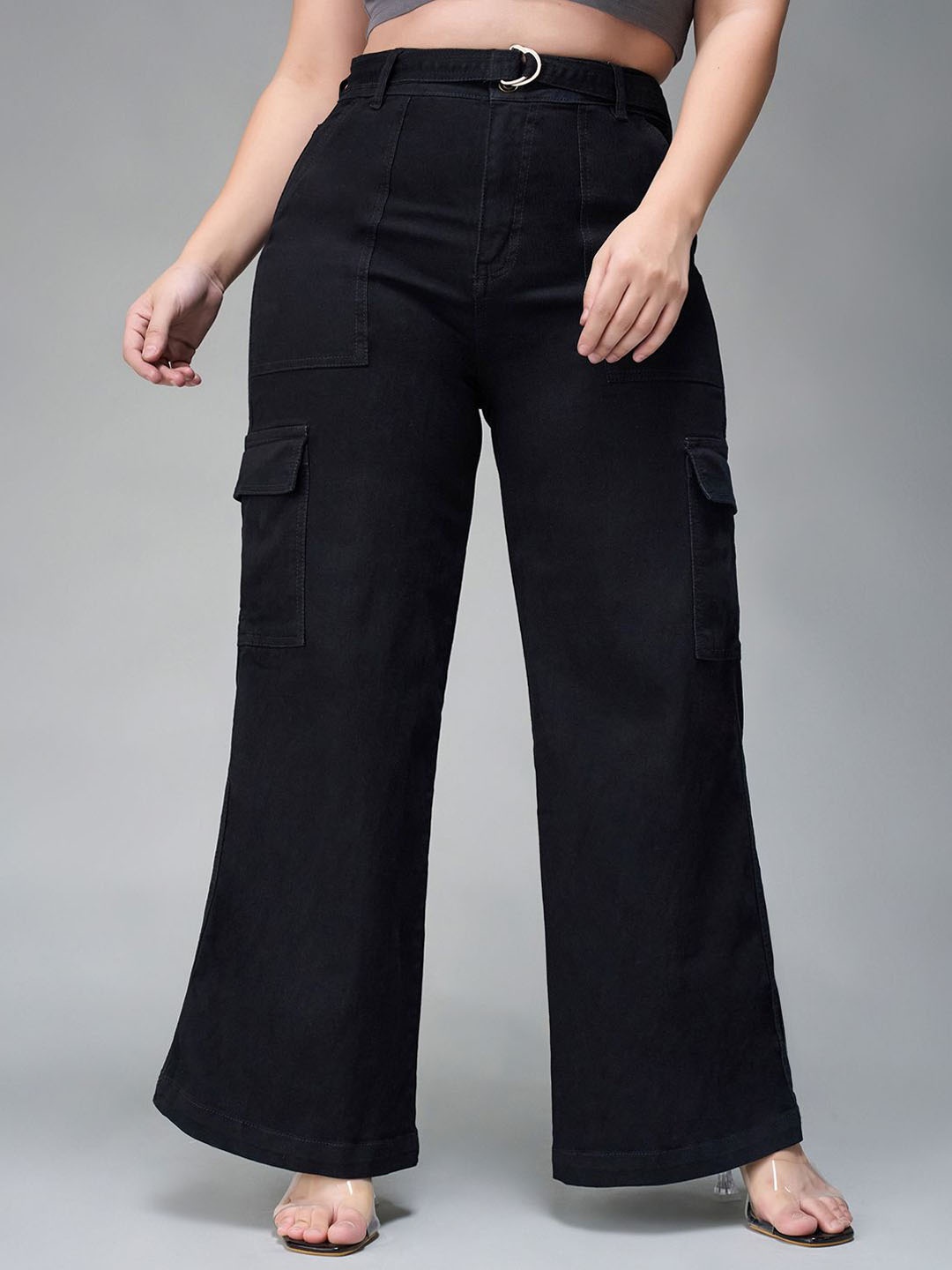 

Miss Chase A+ Women Wide Leg High-Rise Heavy Fade Stretchable Jeans, Black