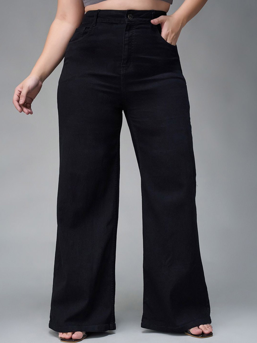 

Miss Chase A+ Women Wide Leg High-Rise Heavy Fade Stretchable Jeans, Black