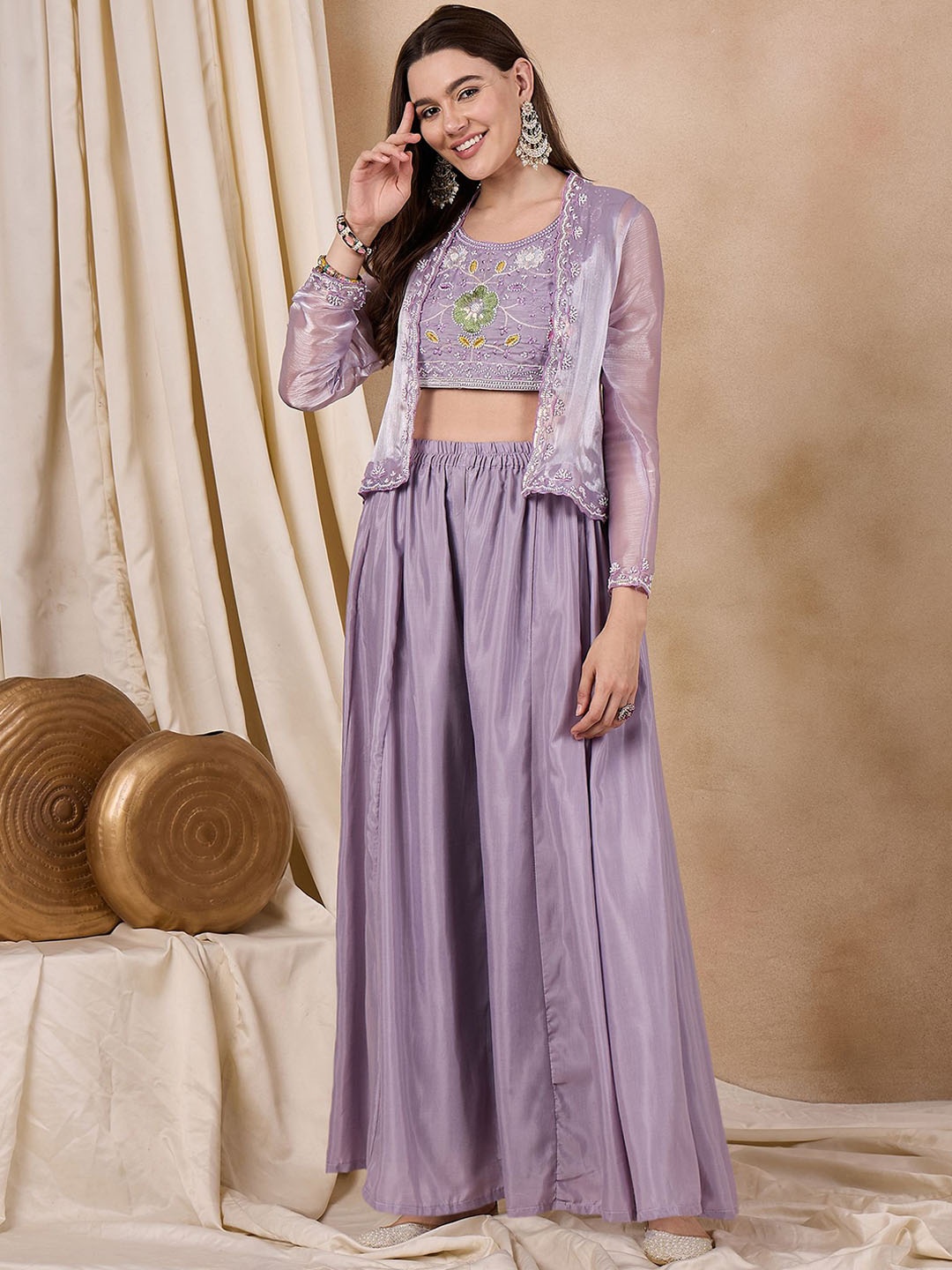 

KAVINDI Embroidered Pure Silk Top & Palazzo With Jacket, Lavender
