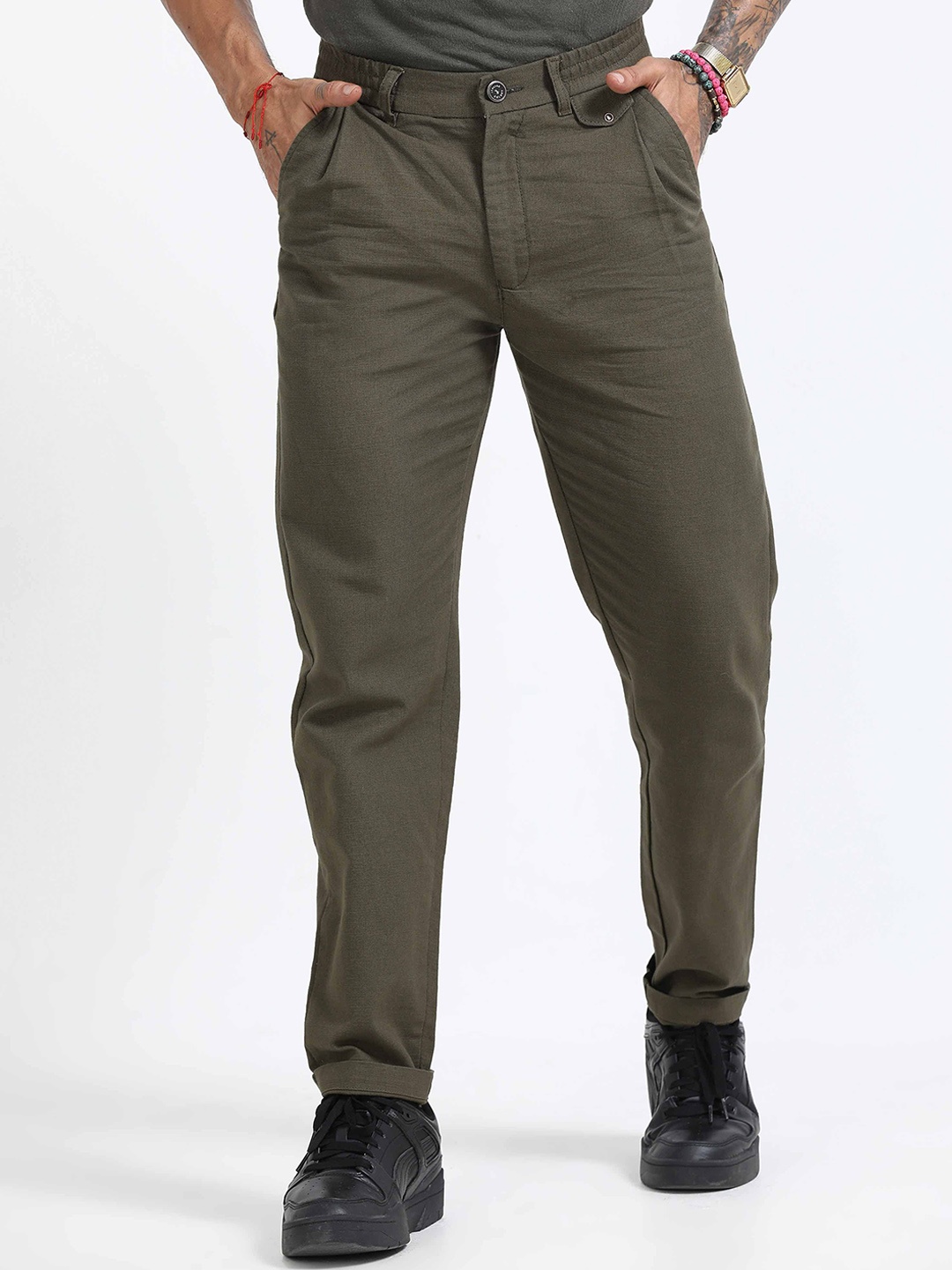 

Italian Colony Men Tailored Tapered Fit Chinos Trousers, Olive