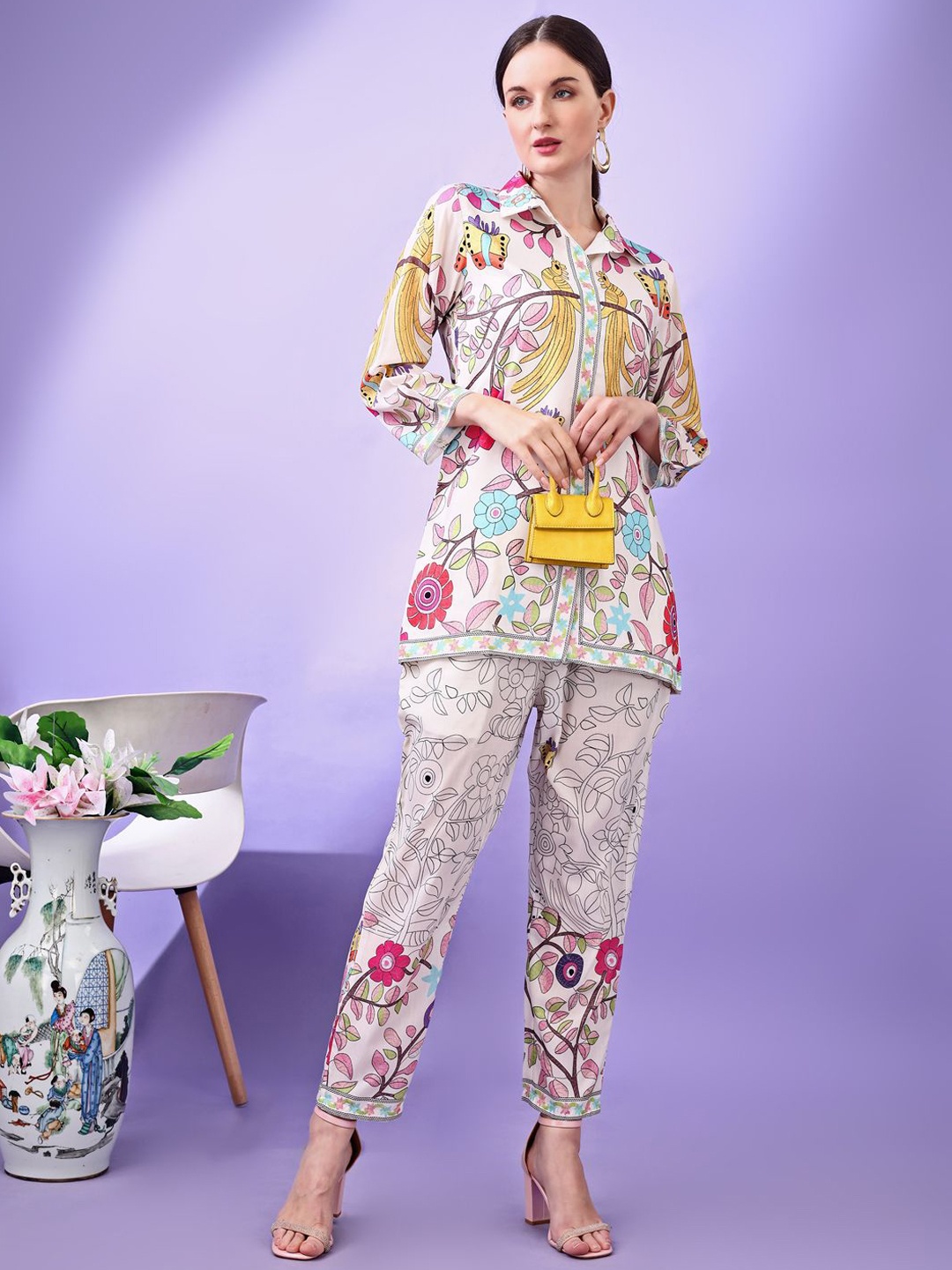 

Tikhi Imli Printed Shirt Collar Tunic With Trouser, Off white