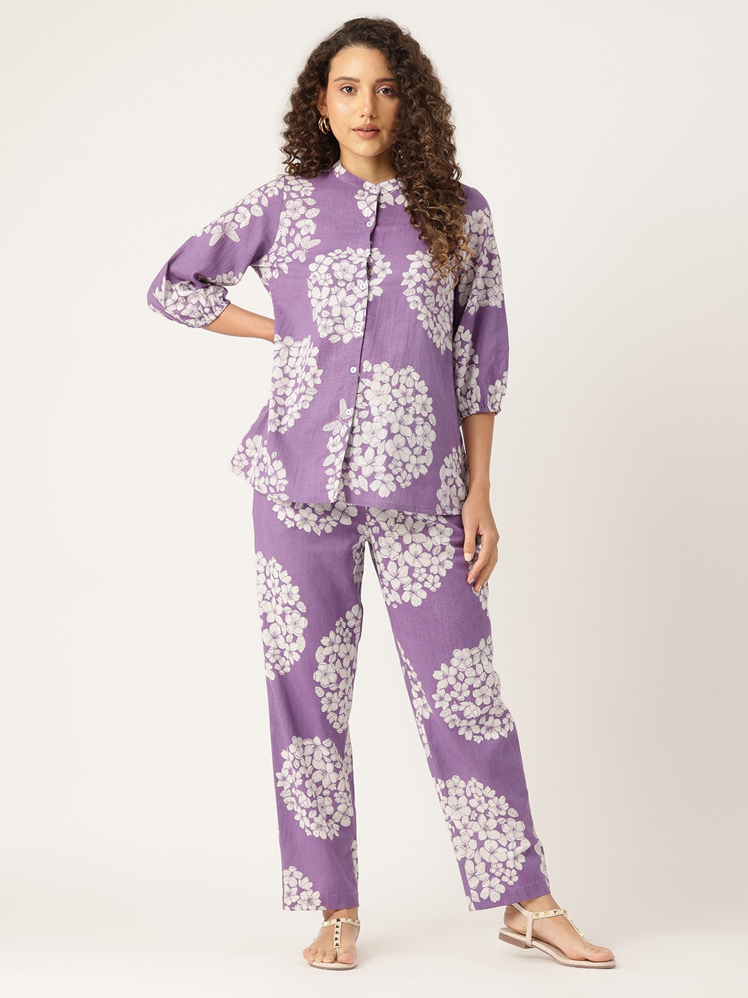 

MISRI Floral Printed Pure Cotton Top With Trousers, Purple