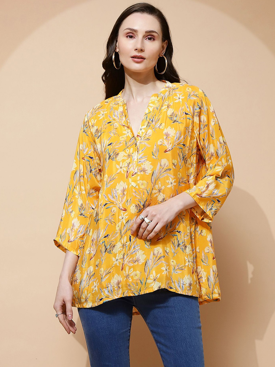 Me&I Floral Printed Mandarin Collar Sequinned A-Line Short Kurta, Yellow