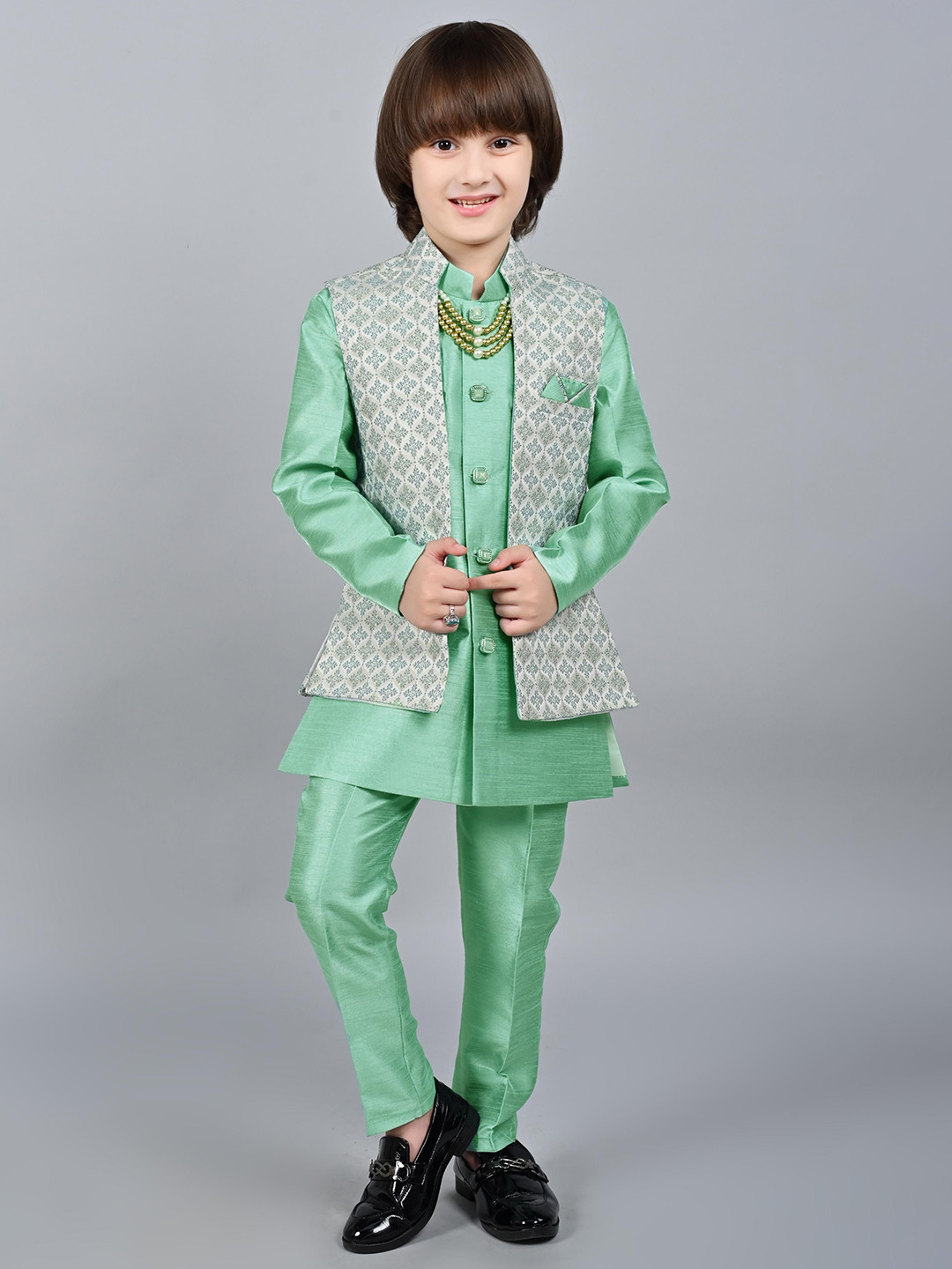 

ahhaaaa Boys Ethnic Motifs Embroidered Raw Silk Kurta With Trousers & Waistcoat, Green