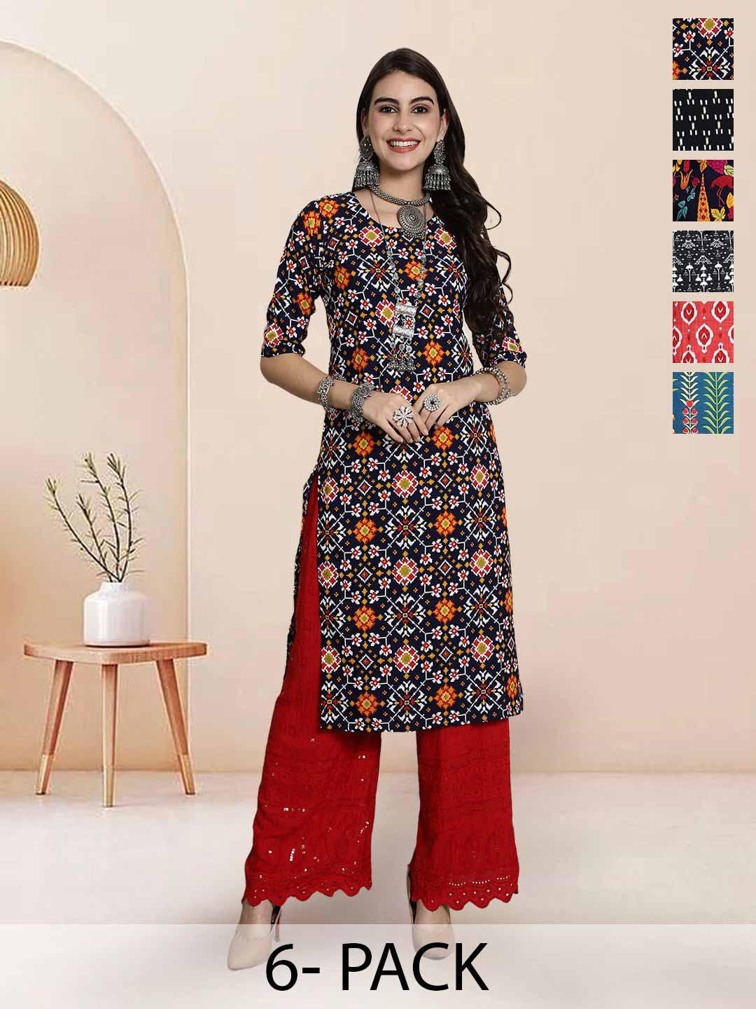 

7Threads Selection Of 6 Ethnic Motifs Printed Round Neck Straight Kurta, Black