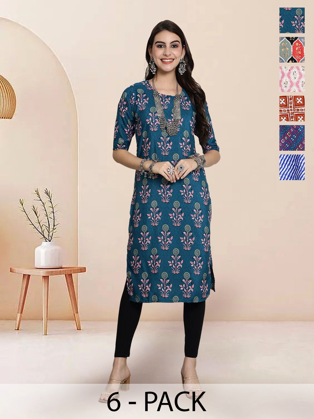 

7Threads Selection Of 6 Floral Printed Round Neck Straight Kurtas, Blue