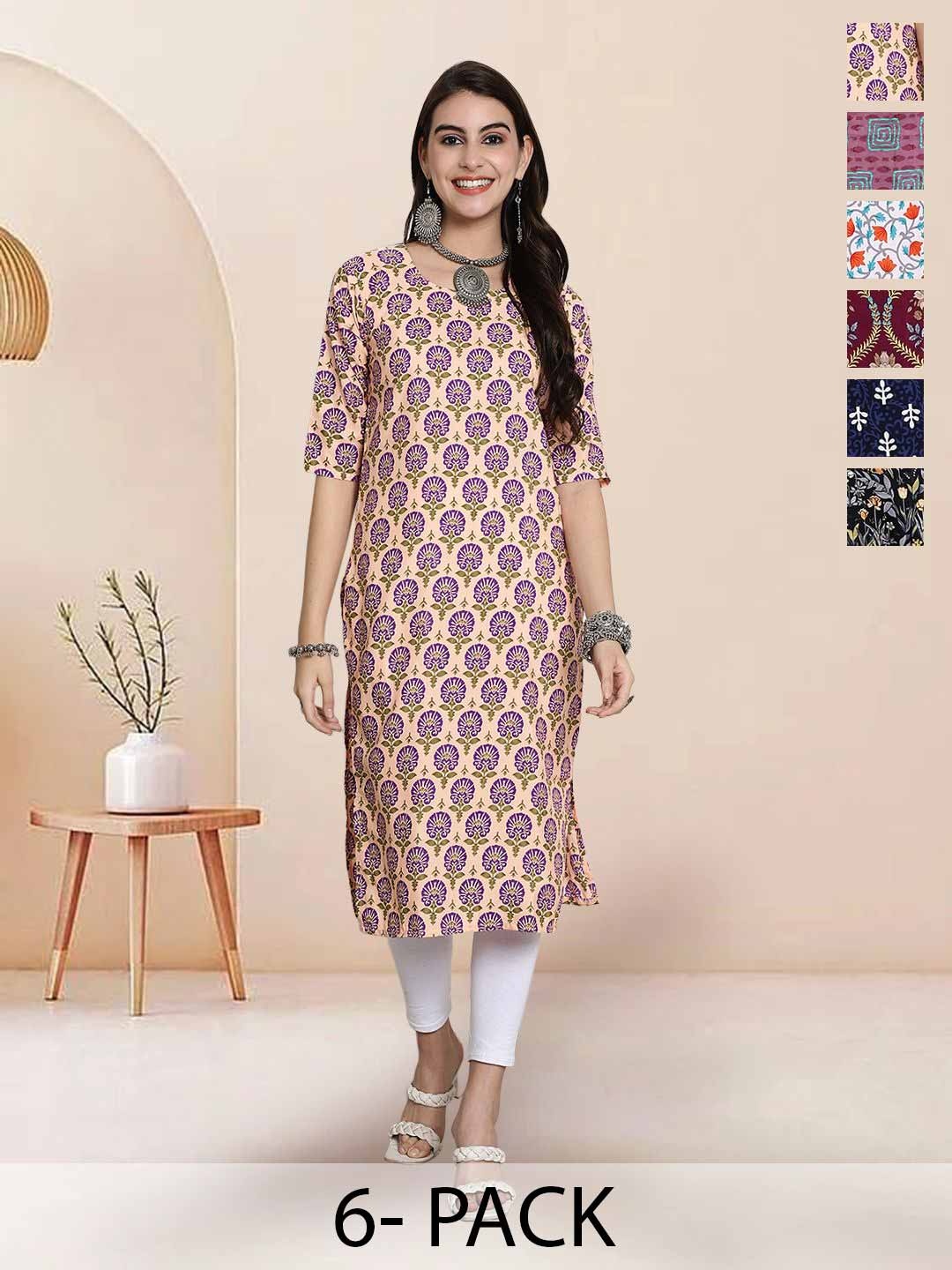 

7Threads Selection Of 6 Ethnic Motifs Printed Round Neck Straight Kurta, Peach