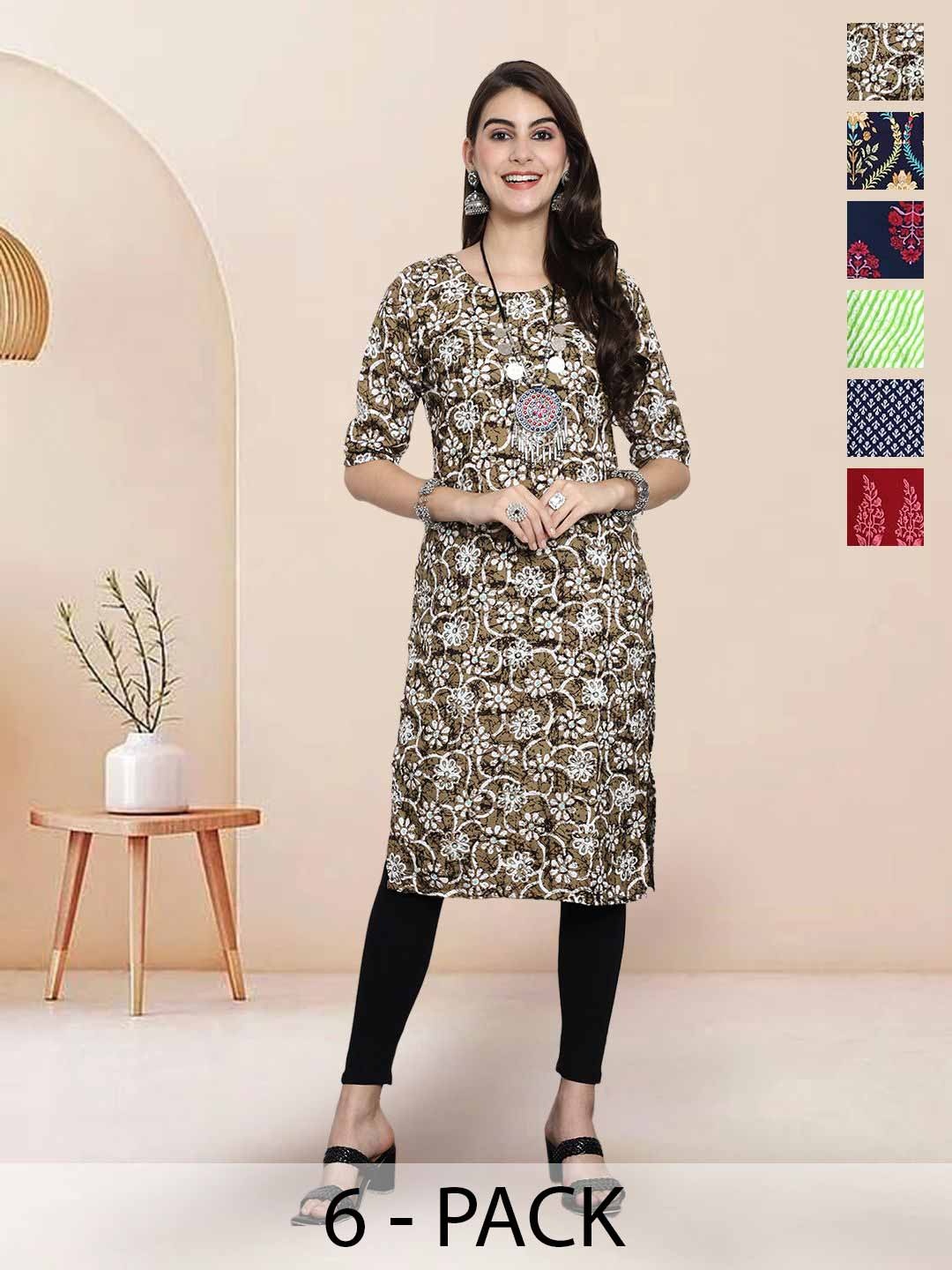 

7Threads Selection Of 6 Floral Printed Round Neck Straight Kurtas, Brown