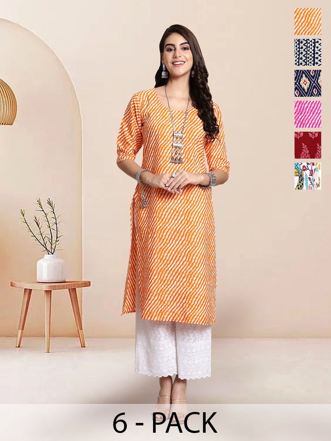 

7Threads Selection Of 6 Leheriya Printed Round Neck Straight Kurta, Orange