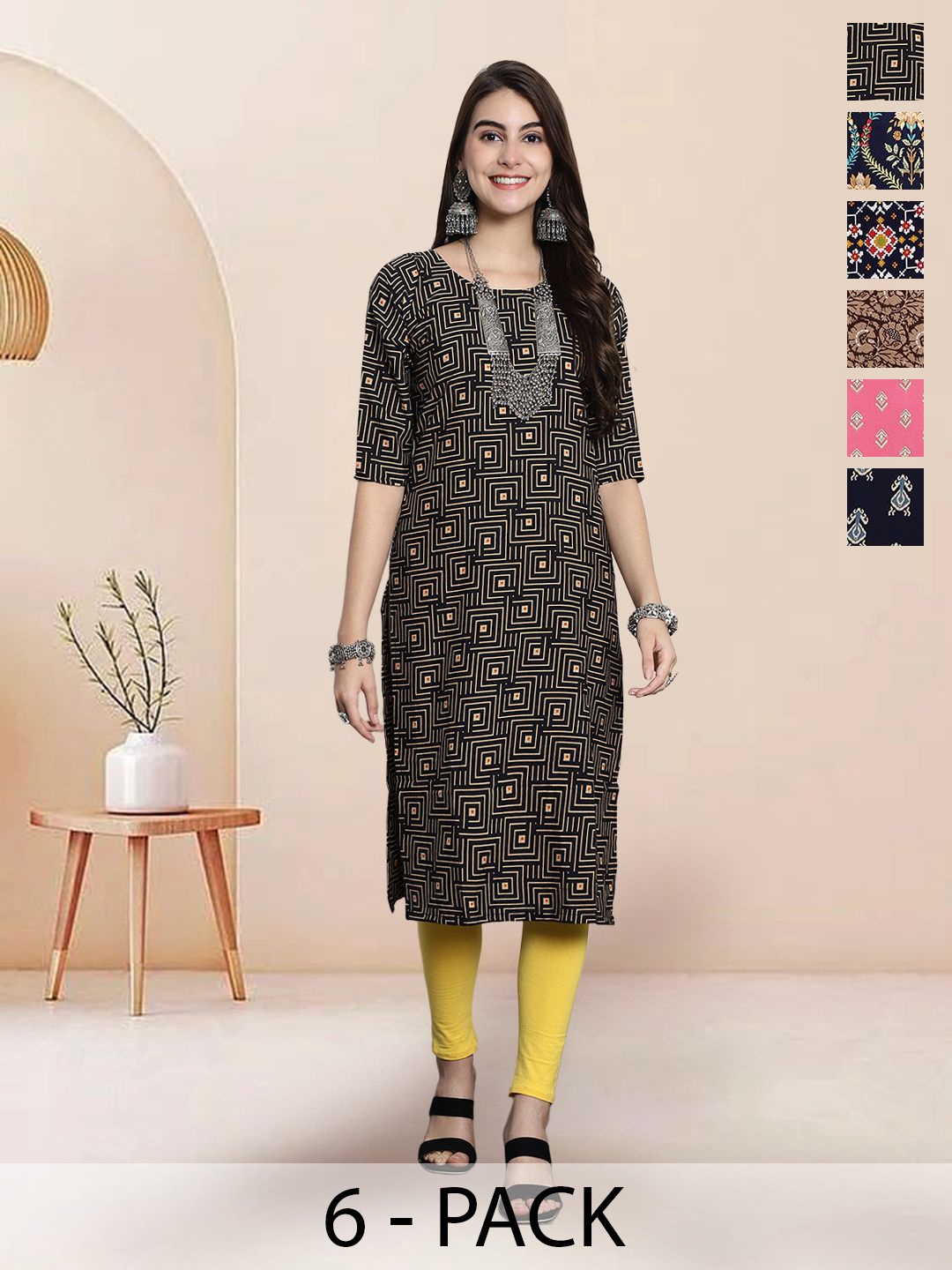 

7Threads Selection Of 6 Geometric Printed Round Neck Straight Kurta, Black