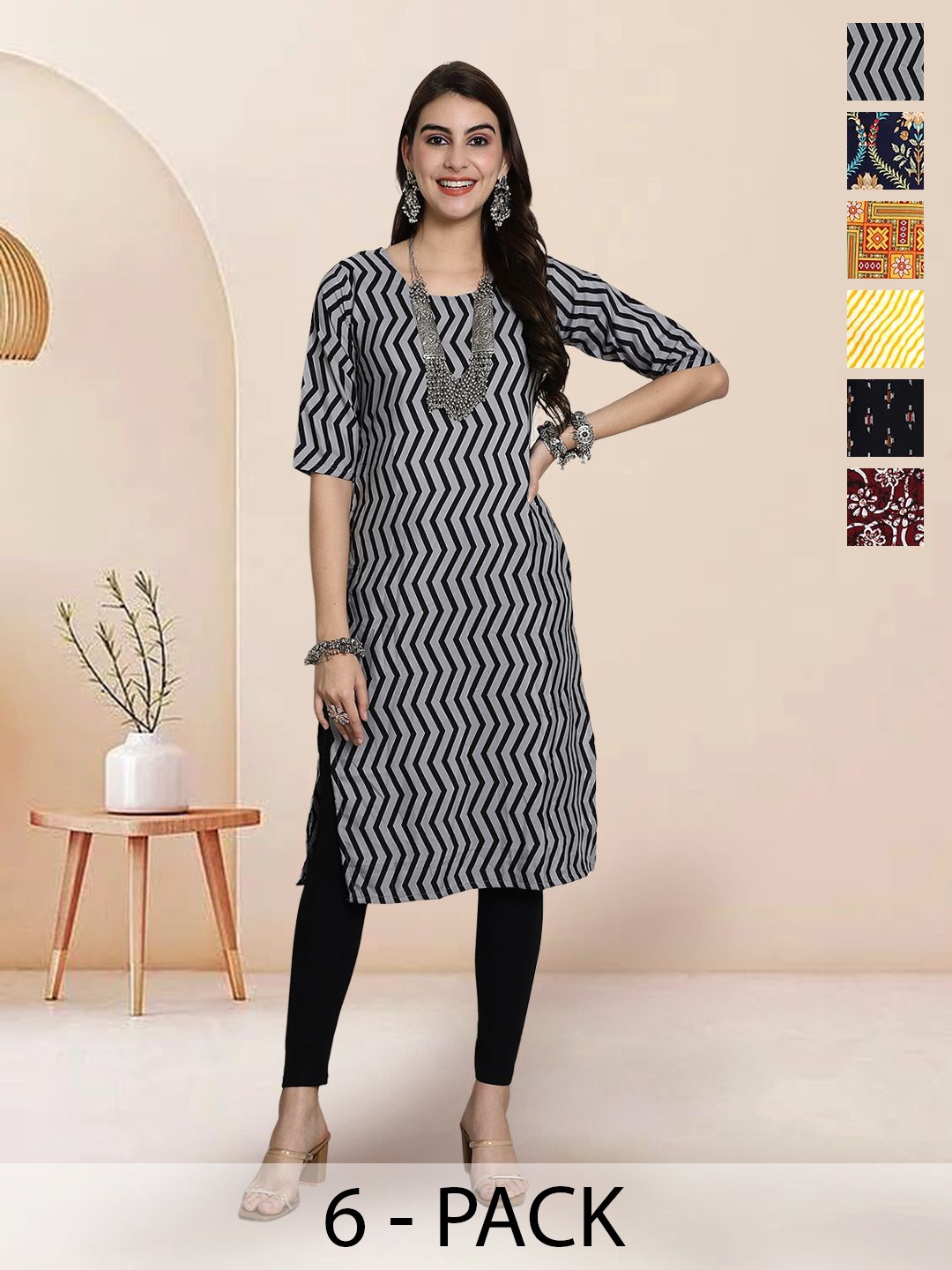 

7Threads Selection Of 6 Floral Printed Round Neck Straight Kurtas, Grey