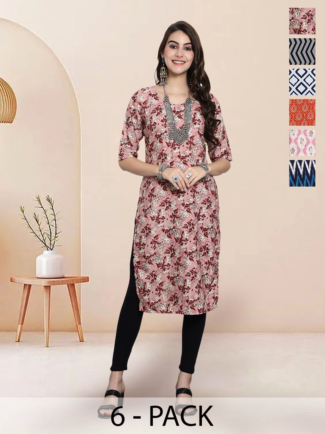 

7Threads Selection Of 6 Floral Printed Round Neck Straight Kurta, Pink