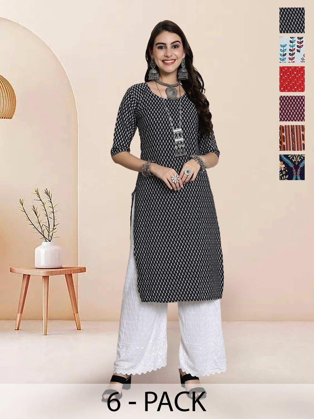 

7Threads Selection Of 6 Geometric Printed Round Neck Straight Kurta, Black