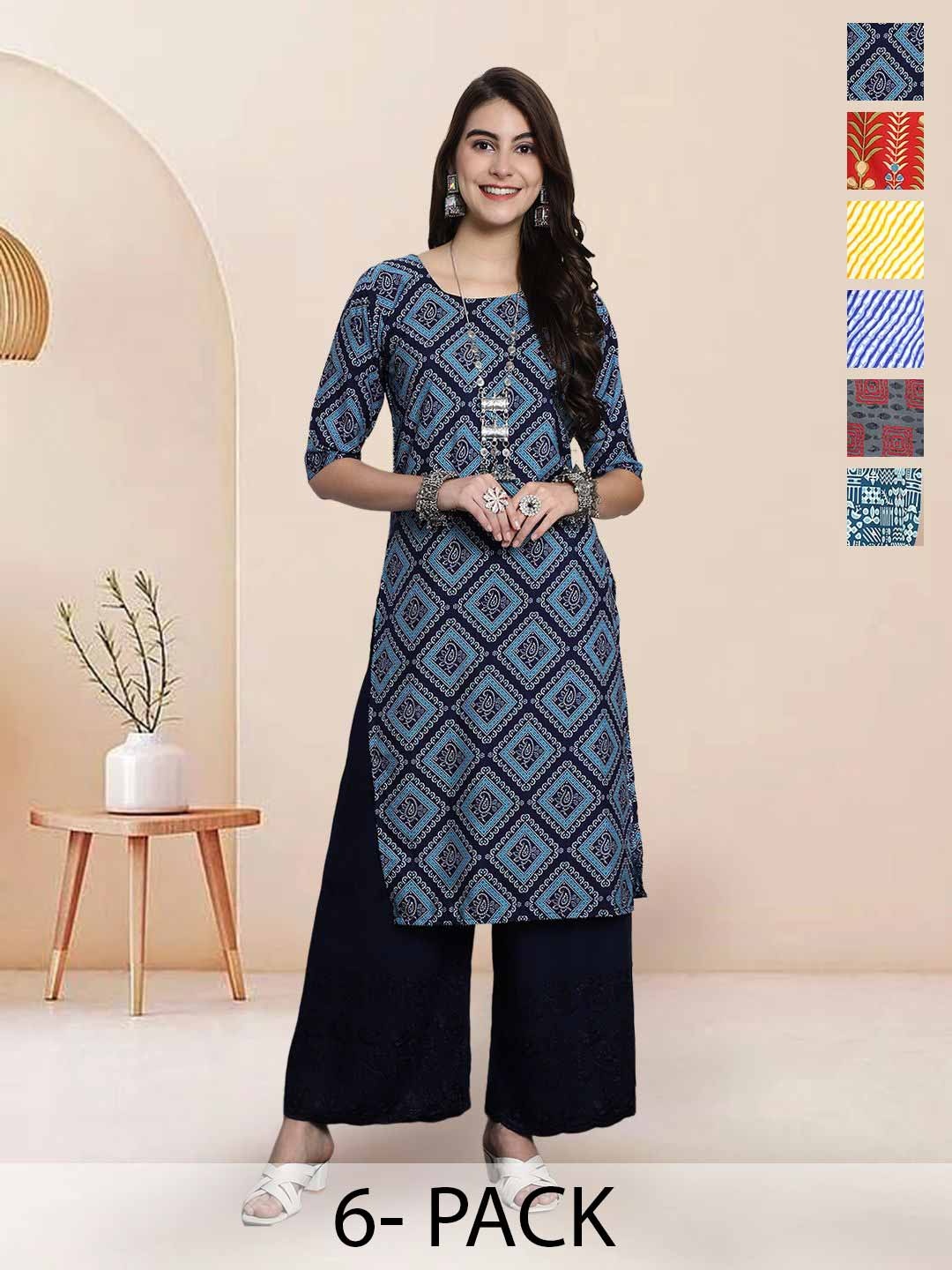 

7Threads Selection Of 6 Geometric Printed Round Neck Straight Kurtas, Blue