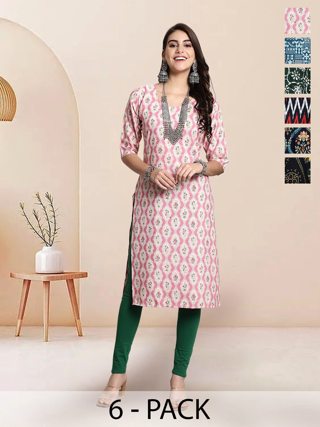 

7Threads Selection Of 6 Floral Printed Round Neck Straight Kurta, Pink