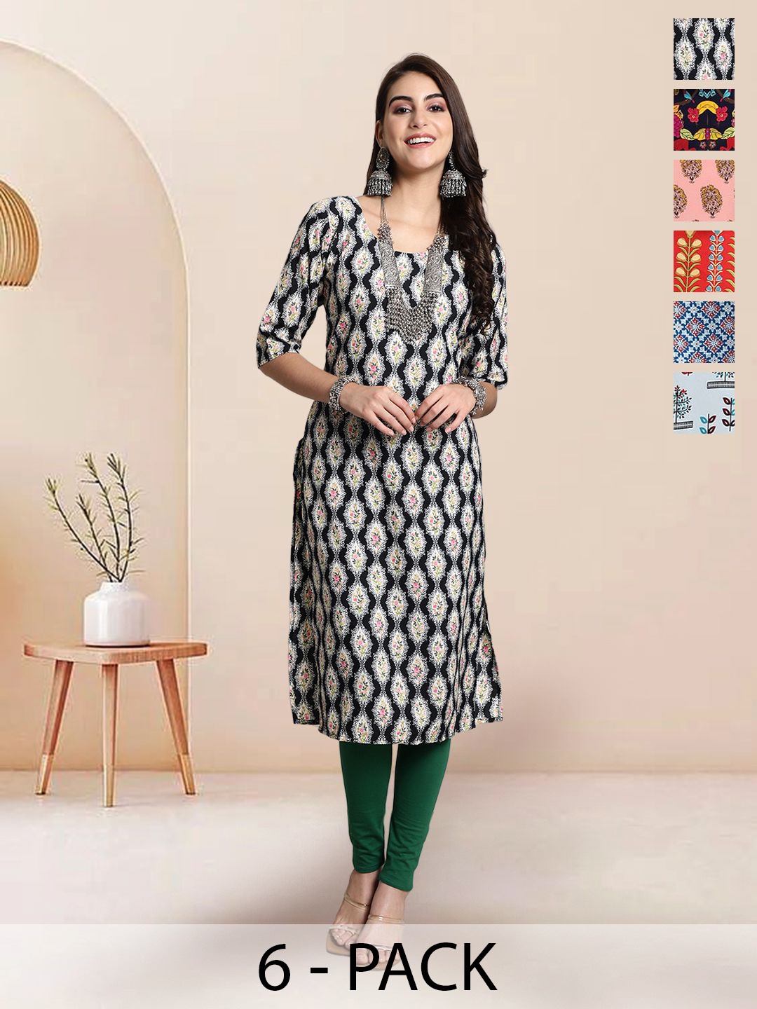 

7Threads Selection Of 6 Floral Printed Round Neck Straight Kurta, Black