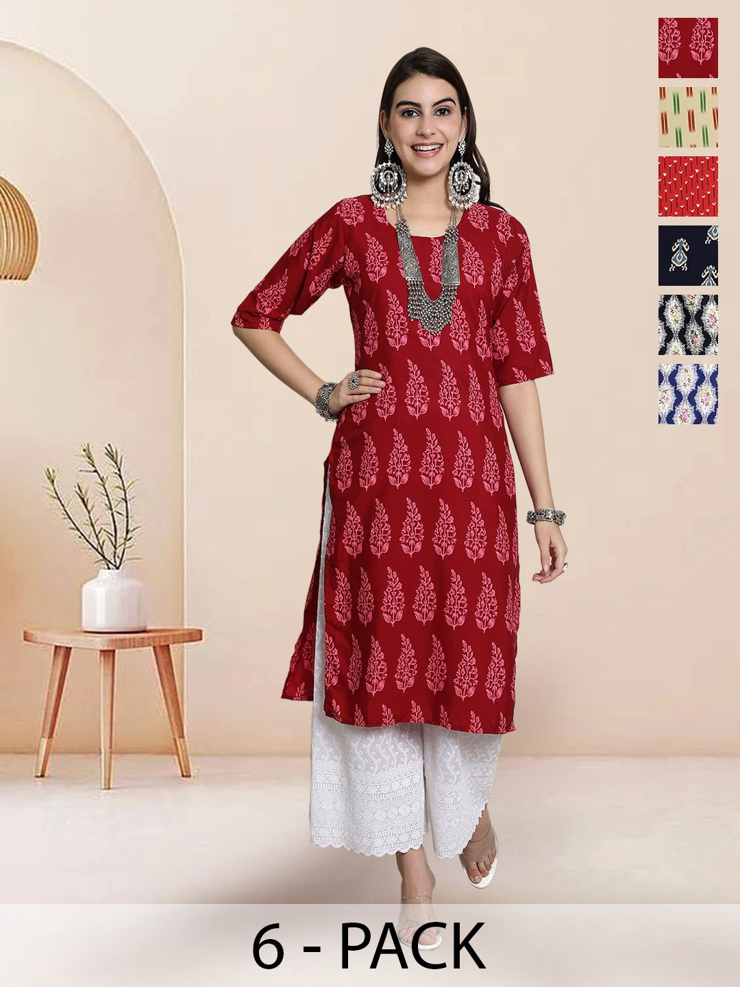 

7Threads Selection Of 6 Floral Printed Round Neck Straight Kurtas, Red