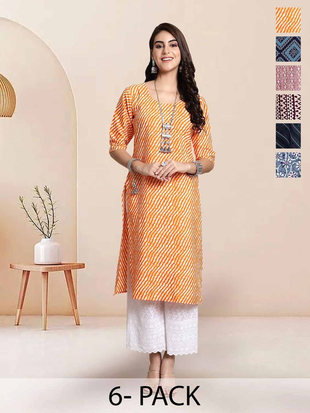 

7Threads Selection Of 6 Leheriya Printed Round Neck Straight Kurta, Orange