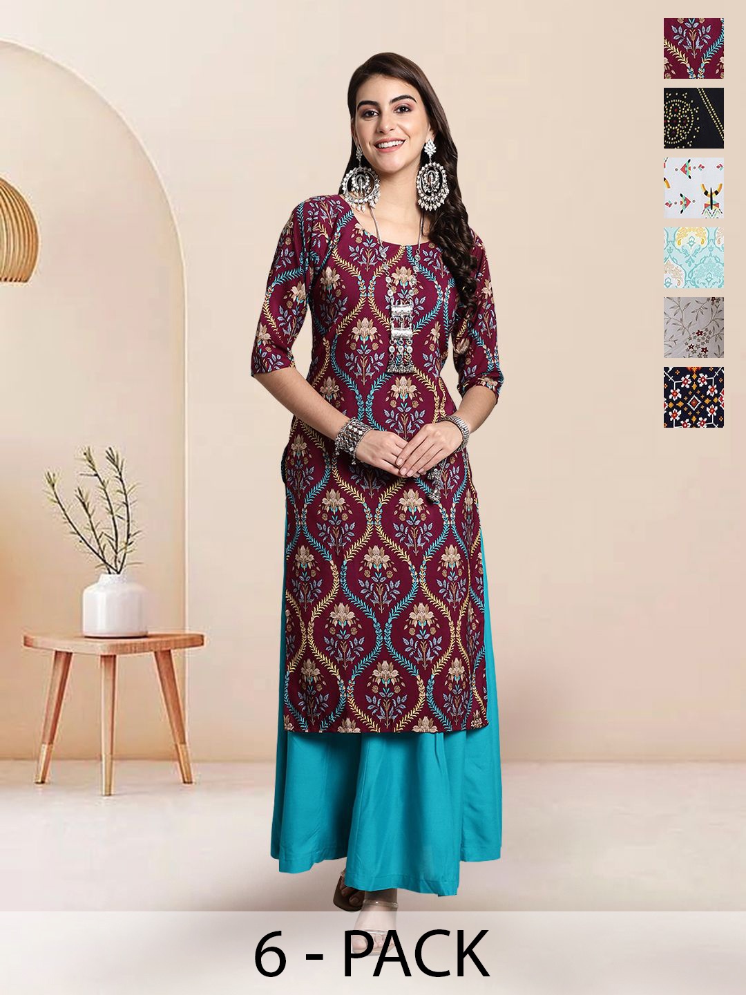 

7Threads Selection Of 6 Floral Printed Round Neck Straight Kurta, Maroon