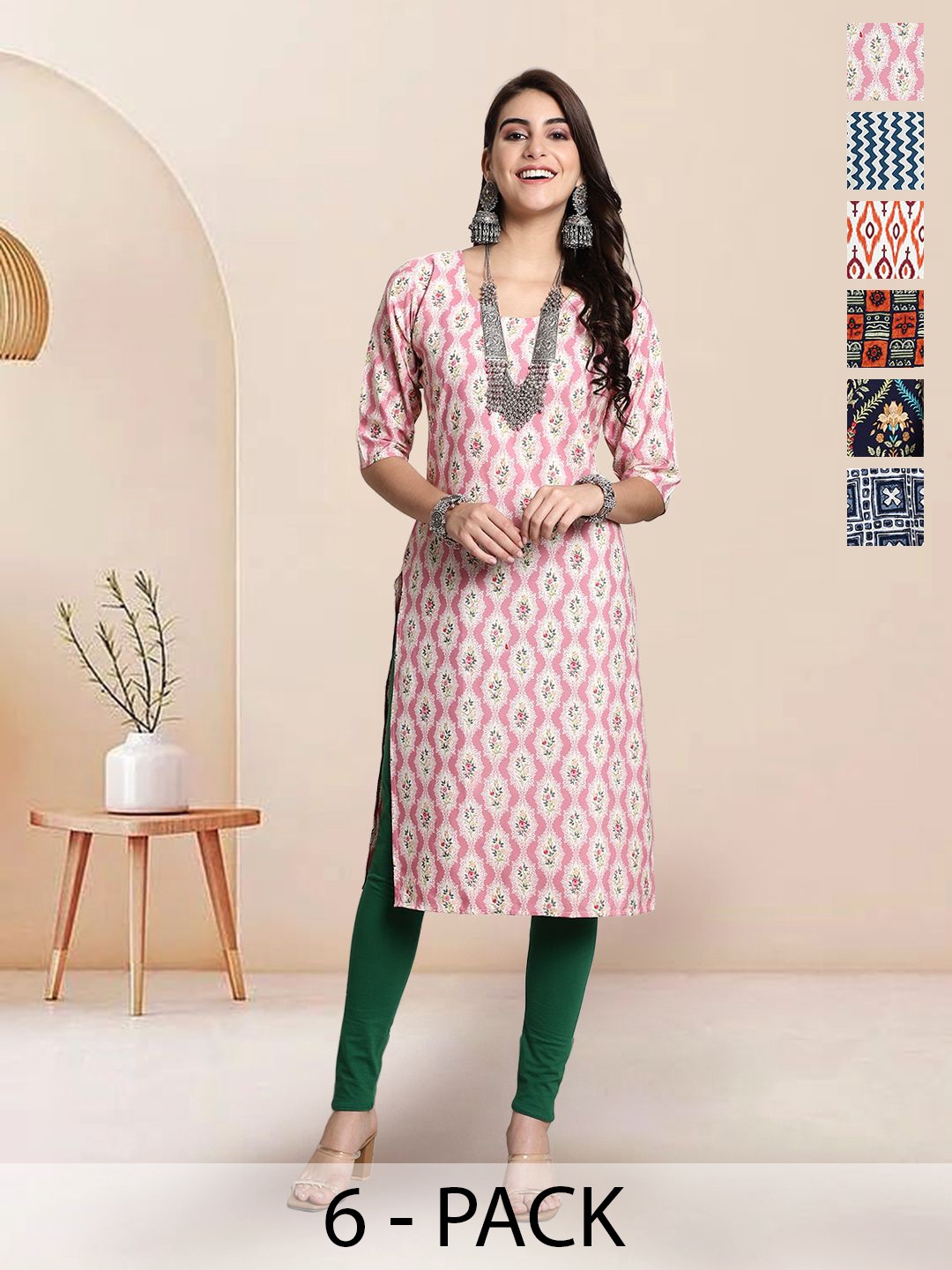 

7Threads Selection Of 6 Ethnic Motifs Printed Round Neck Straight Kurta, Pink