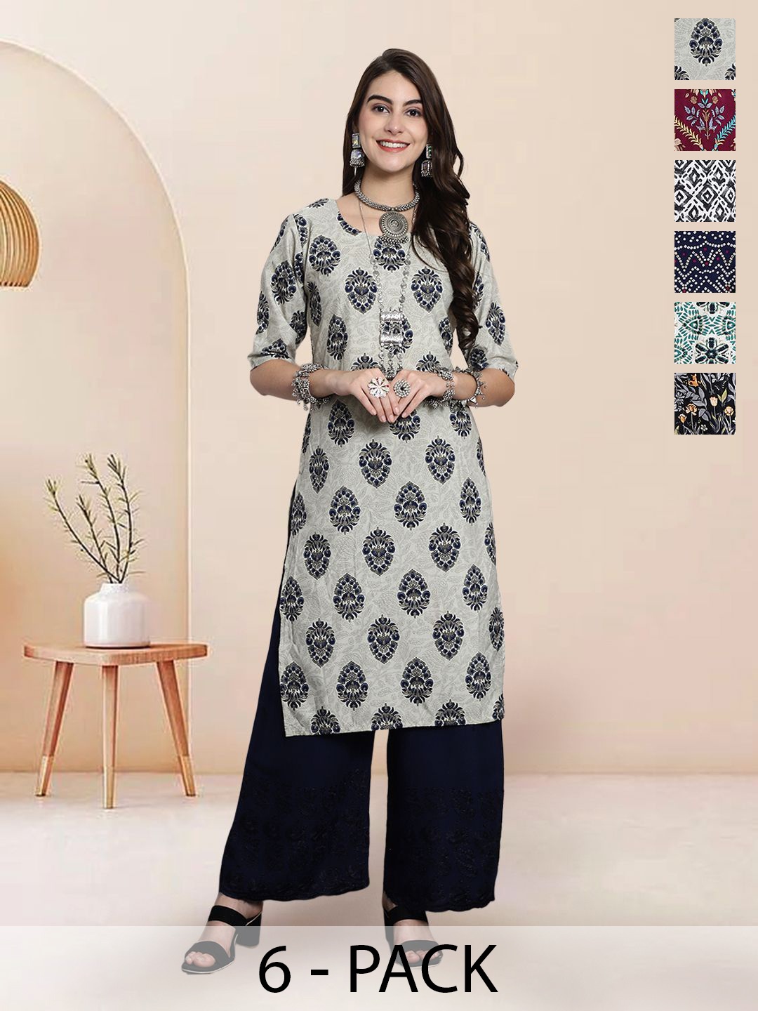 

7Threads Selection Of 6 Floral Printed Round Neck Straight Kurta, Grey