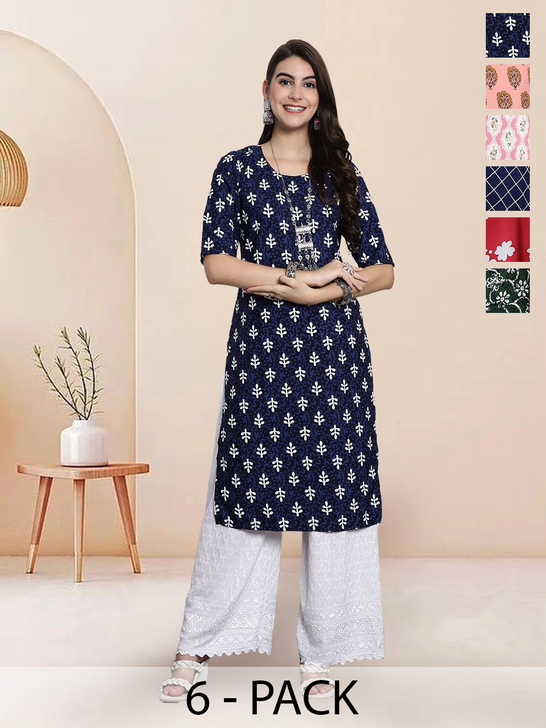 

7Threads Selection Of 6 Floral Printed Round Neck Straight Kurta, Navy blue