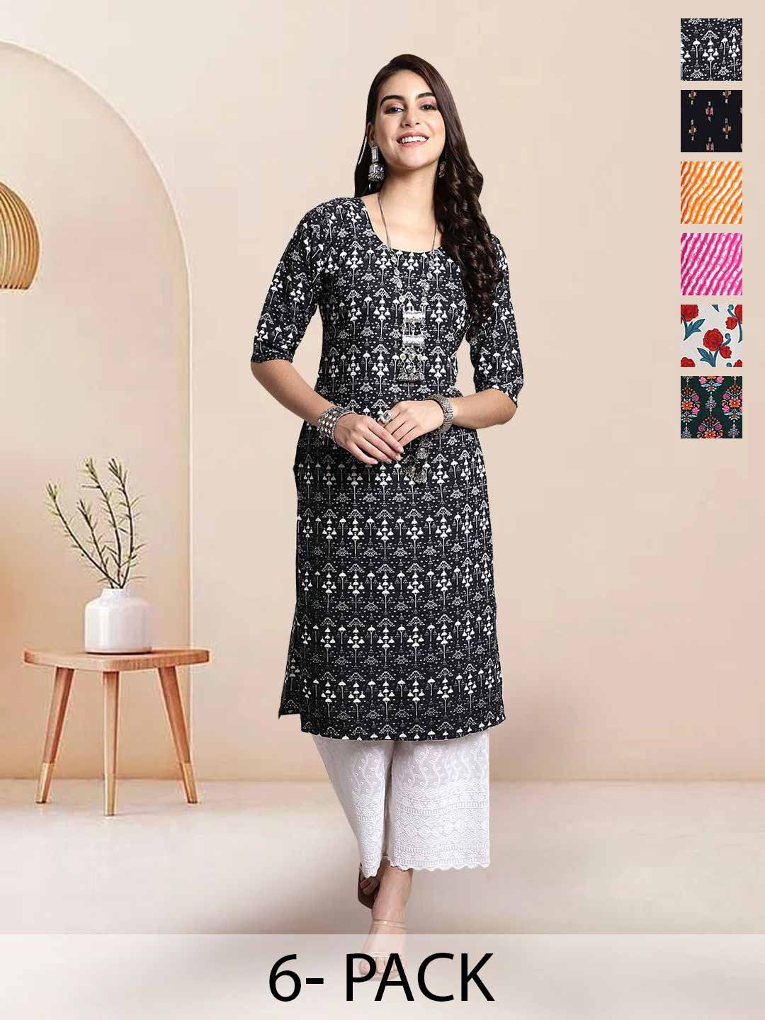 

7Threads Selection Of 6 Floral Printed Round Neck Straight Kurtas, Black