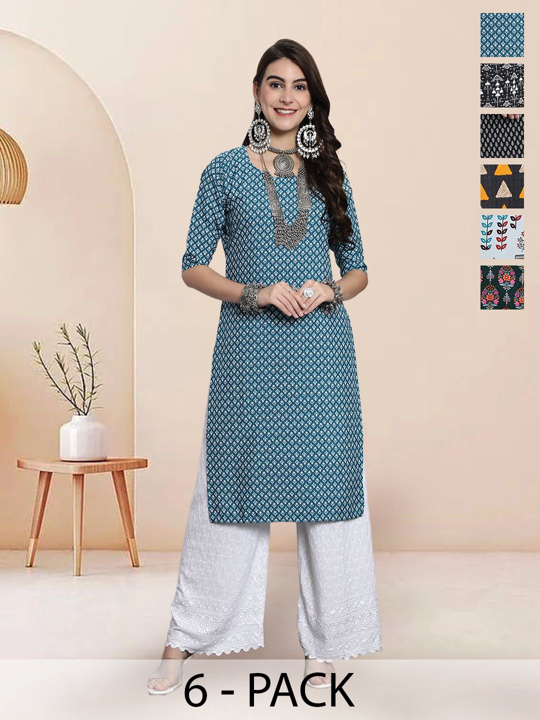 

7Threads Selection Of 6 Floral Printed Round Neck Straight Kurta, Teal
