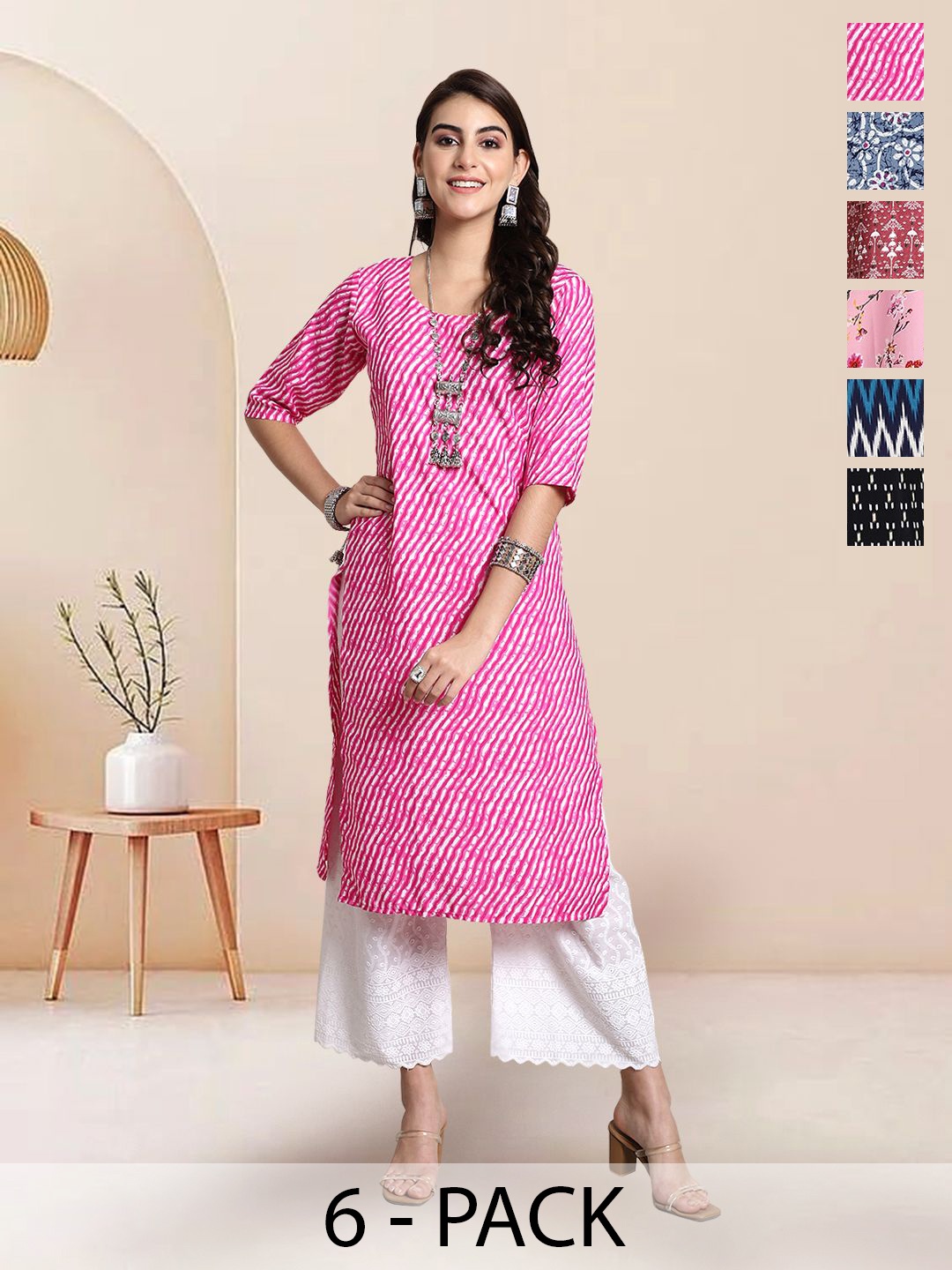 

7Threads Selection Of 6 Floral Printed Round Neck Straight Kurtas, Pink