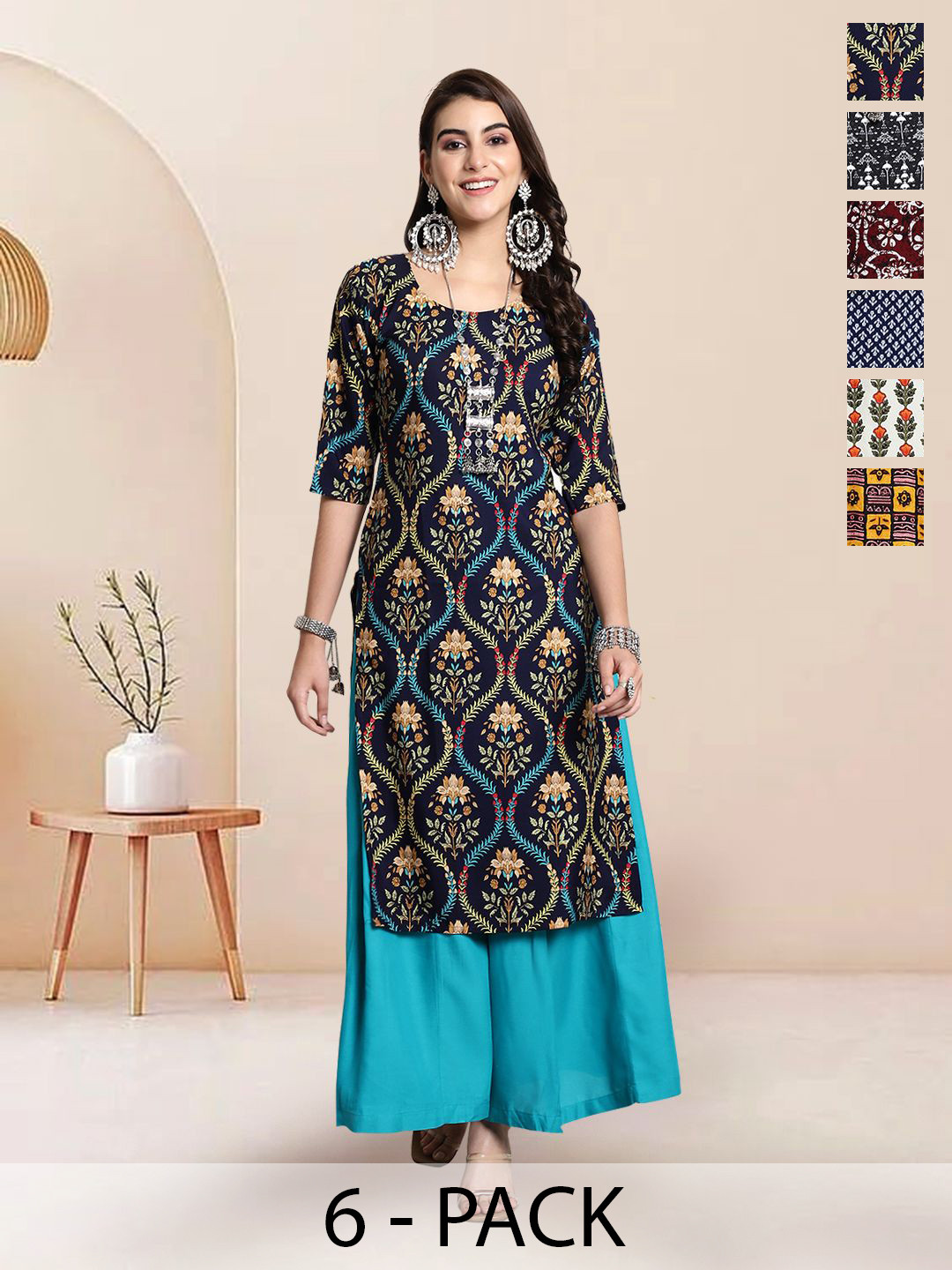 

7Threads Selection Of 6 Floral Printed Round Neck Straight Kurtas, Navy blue
