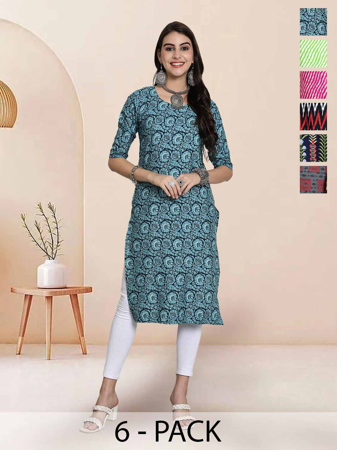 

7Threads Selection Of 6 Floral Printed Round Neck Straight Kurtas, Blue